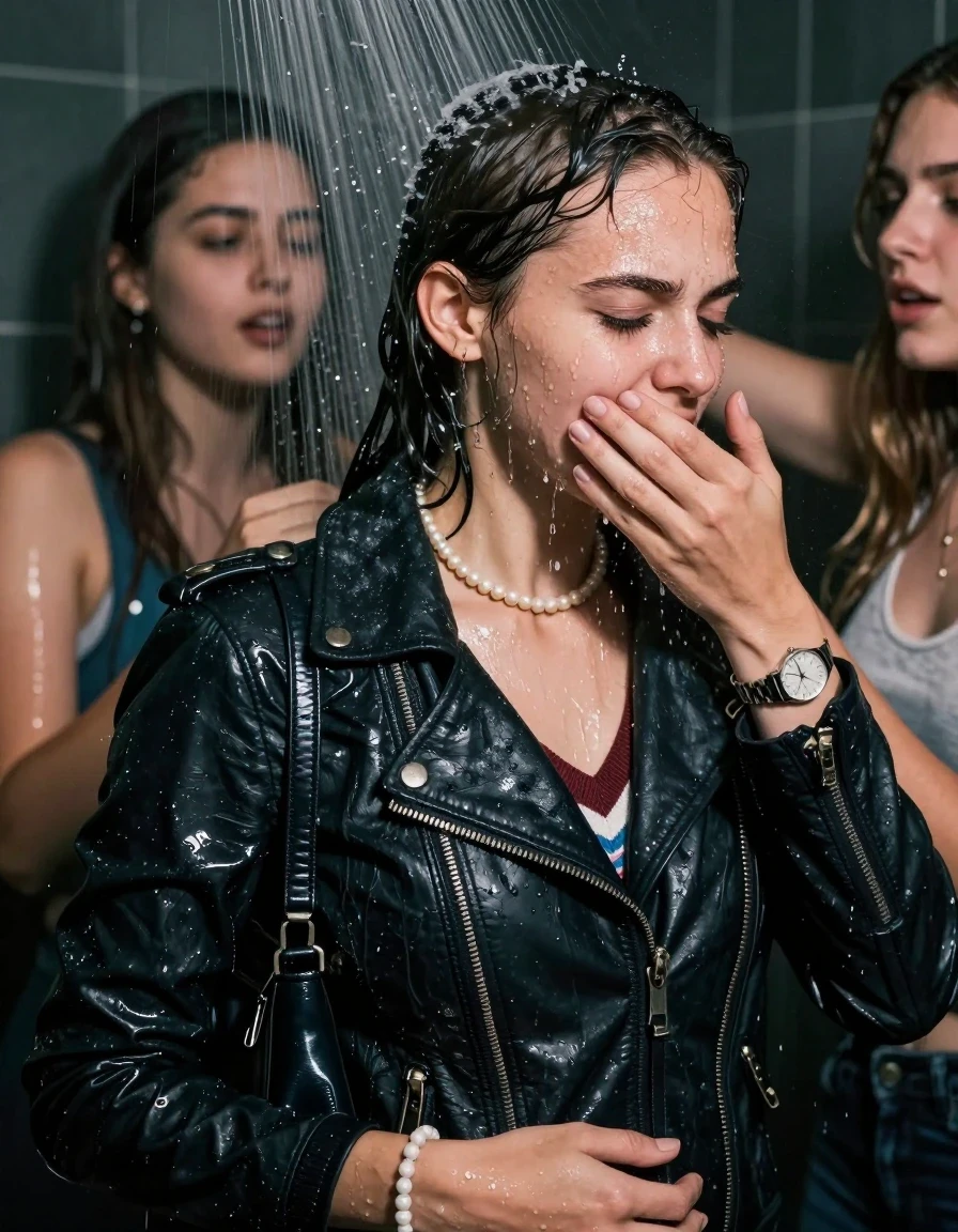 photo of young woman, in soaking wet, drenched clothes,
, , Biker leatherjacket, v- neck sweater belly free, shoulderbag, pearl necklace, bracelet, wristwatch, Intense Orgasm Under the shower, strong jet of water, party room, 
enjoying, wet clothes stuck to body,
detailed textures of the wet clothes, wet face, wet plastered hair,
wet, drenched, professional, high-quality details, full body view.
sharp focus, ultra-high pixel detail, realistic, high-quality, full colors, incredibly detailed, 4k, 8k, 16k, hyper-realistic, RAW photo, masterpiece, ultra-detailed, professionally color graded, professional photograph, Sleek long  ponytail with bangs

 21 years old  school girl and her female  friends

Only head and shoulders are over the surface visible. Looking slightly away. closed eyes . Her mouth is covered by her friends Hand. hugs her friend. Water running down her face and neck.

The girls wear different clothes.

she is completely underwater up to her neck, horny and painful expression. 

her clothing is soaking wet and clinging tightly to her skin, showing heavy wet folds, darkened fabric texture, and deep water-saturated Patches, her clothes are heavy from the water, water runs from her body and her clothes in streams. A lot of water also runs out of her clothes. Her clothes are darkened by the water. Her submerged clothes are good visible under the water.  she soaked her handbag into the water.

close up view, wet skin, wet clothes, wet hair, damp fabric, water runs down the clothes, wet skin, wet clothes, damp fabric. cinematic medium shot, hyper-realistic wetness, high-contrast water sheen, sharp focus, 16k resolution, professional photography, realistic water physics., wet skin, wet clothes, damp fabric, wet skin, wet clothes, damp fabric, wet skin, wet clothes, damp fabric, wet skin, wet clothes, damp fabric, wet skin, wet clothes, damp fabric, wet skin, wet clothes, damp fabric, wet skin, wet clothes, damp fabric, wet skin, wet clothes, damp fabric, wet skin, wet clothes, damp fabric