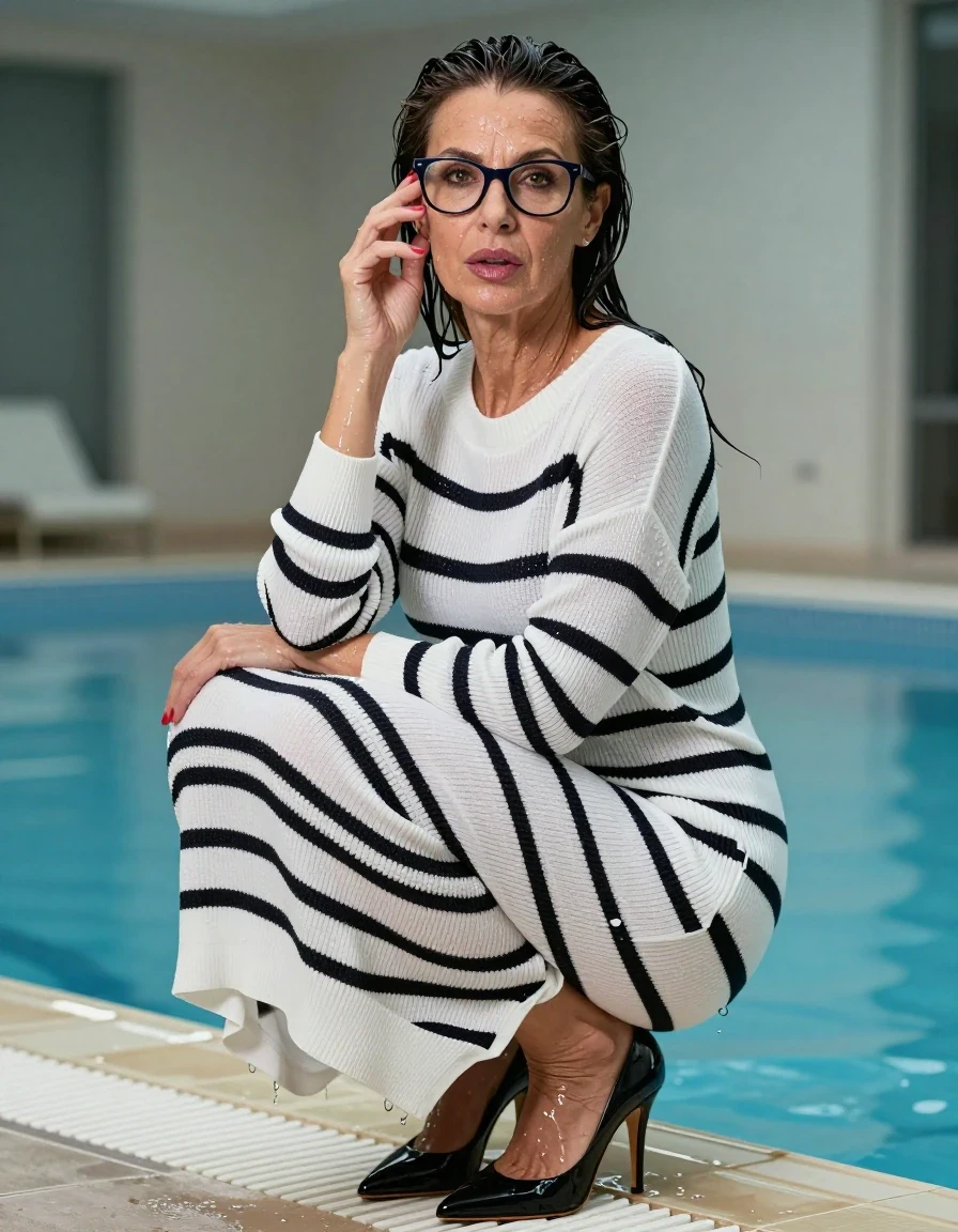 photo of young woman, in soaking wet, drenched clothes,
black high-heels shoes, maxi white & black striped sweater dress with neck, maxi white & black striped sweater dress with neck,  after bath in indoor pool, enjoying wet clothes stuck body, enjoying, wet clothes stuck to body, 
enjoying, wet clothes stuck to body,
detailed textures of the wet clothes, wet face, wet plastered hair,
wet, drenched, professional, high-quality details, full body view.
sharp focus, ultra-high pixel detail, realistic, high-quality, full colors, incredibly detailed, 4k, 8k, 16k, hyper-realistic, RAW photo, masterpiece, ultra-detailed, professionally color graded, professional photograph, europen brunette skinny woman 50 years old, long dark black hair, office glasses, very big and thick lips, complete body, wet skin, wet clothes, damp fabric, wet skin, wet clothes, damp fabric, wet skin, wet clothes, damp fabric, wet skin, wet clothes, damp fabric, wet skin, wet clothes, damp fabric, wet skin, wet clothes, damp fabric, wet skin, wet clothes, damp fabric