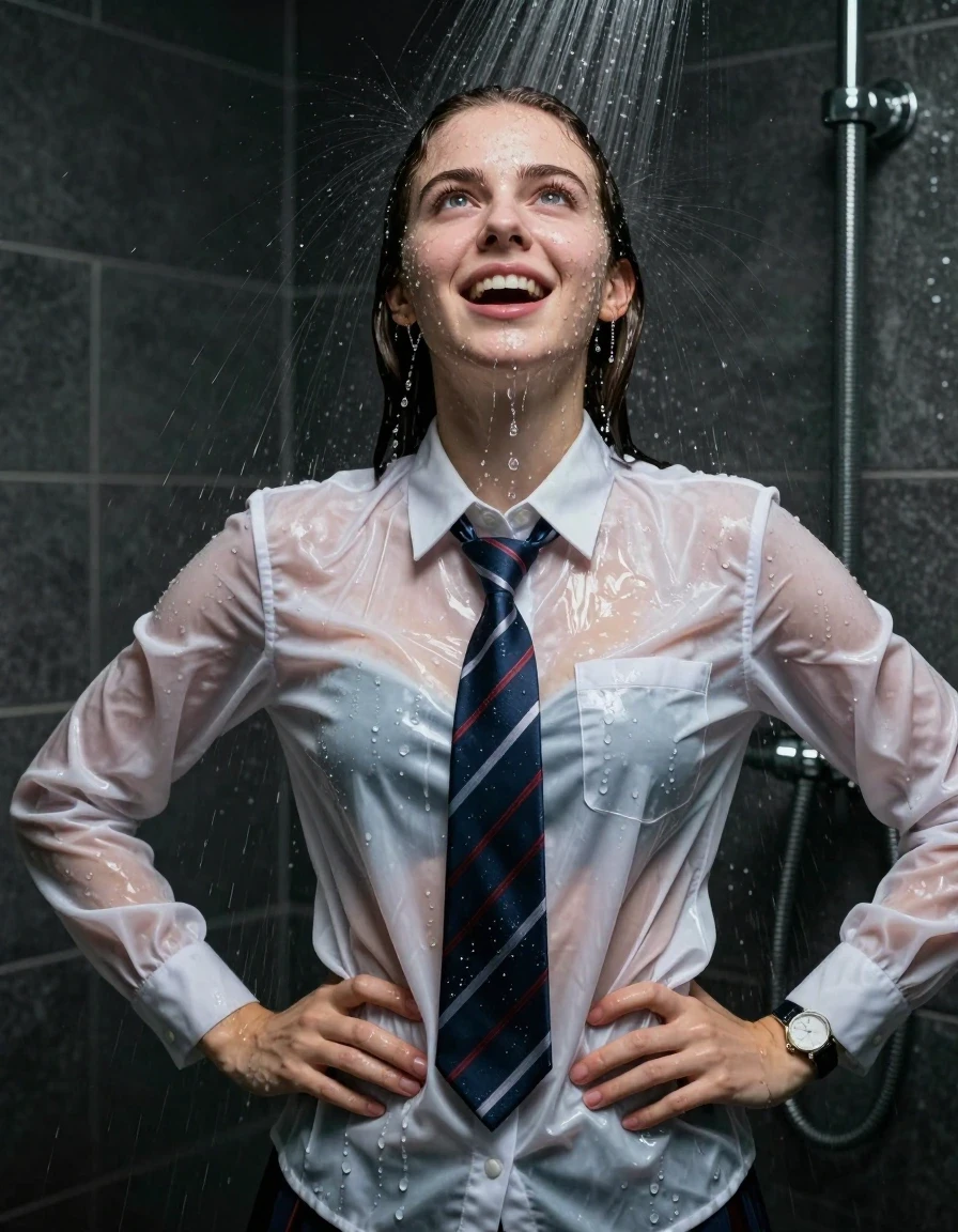 photo of young woman, in soaking wet, drenched clothes,
, , , long sleeve smart white school satin shirt, striped tie, bracelet, wristwatch,, Under the shower, strong jet of water, party room, 
enjoying, wet clothes stuck to body,
detailed textures of the wet clothes, wet face, wet plastered hair,
wet, drenched, professional, high-quality details, full body view.
sharp focus, ultra-high pixel detail, realistic, high-quality, full colors, incredibly detailed, 4k, 8k, 16k, hyper-realistic, RAW photo, masterpiece, ultra-detailed, professionally color graded, professional photograph, An 18 year old Scottish lady

Only head and shoulders are over the surface visible. Open mouth smiling, open eyes. Looking up. Hands on hips. Water running down her face and neck

The girls wear same clothes.

she is completely underwater up to her neck, surprised and astonished expression. 

her clothing is soaking wet and clinging tightly to her skin, showing heavy wet folds, darkened fabric texture, and deep water-saturated Patches, her clothes are heavy from the water, water runs from her body and her clothes in streams. A lot of water also runs out of her clothes. Her clothes are darkened by the water. Her submerged clothes are good visible under the water.  she soaked her handbag into the water.

close up view, wet skin, wet clothes, wet hair, damp fabric, water runs down the clothes, wet skin, wet clothes, damp fabric. cinematic medium shot, hyper-realistic wetness, high-contrast water sheen, sharp focus, 16k resolution, professional photography, realistic water physics., wet skin, wet clothes, damp fabric, wet skin, wet clothes, damp fabric, wet skin, wet clothes, damp fabric, wet skin, wet clothes, damp fabric, wet skin, wet clothes, damp fabric, wet skin, wet clothes, damp fabric