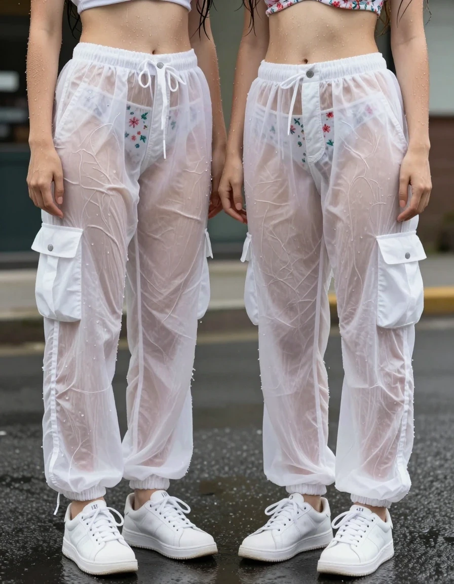 photo of young woman, in soaking wet, drenched clothes,
White sneakers, 2 girl standing, all wearing white transparent cargo pants and flower pattern panties visible through pants, Flower pattern cotton bra, Street, 
enjoying, wet clothes stuck to body,
detailed textures of the wet clothes, wet face, wet plastered hair,
wet, drenched, professional, high-quality details, full body view.
sharp focus, ultra-high pixel detail, realistic, high-quality, full colors, incredibly detailed, 4k, 8k, 16k, hyper-realistic, RAW photo, masterpiece, ultra-detailed, professionally color graded, professional photograph, wet skin, wet clothes, damp fabric
