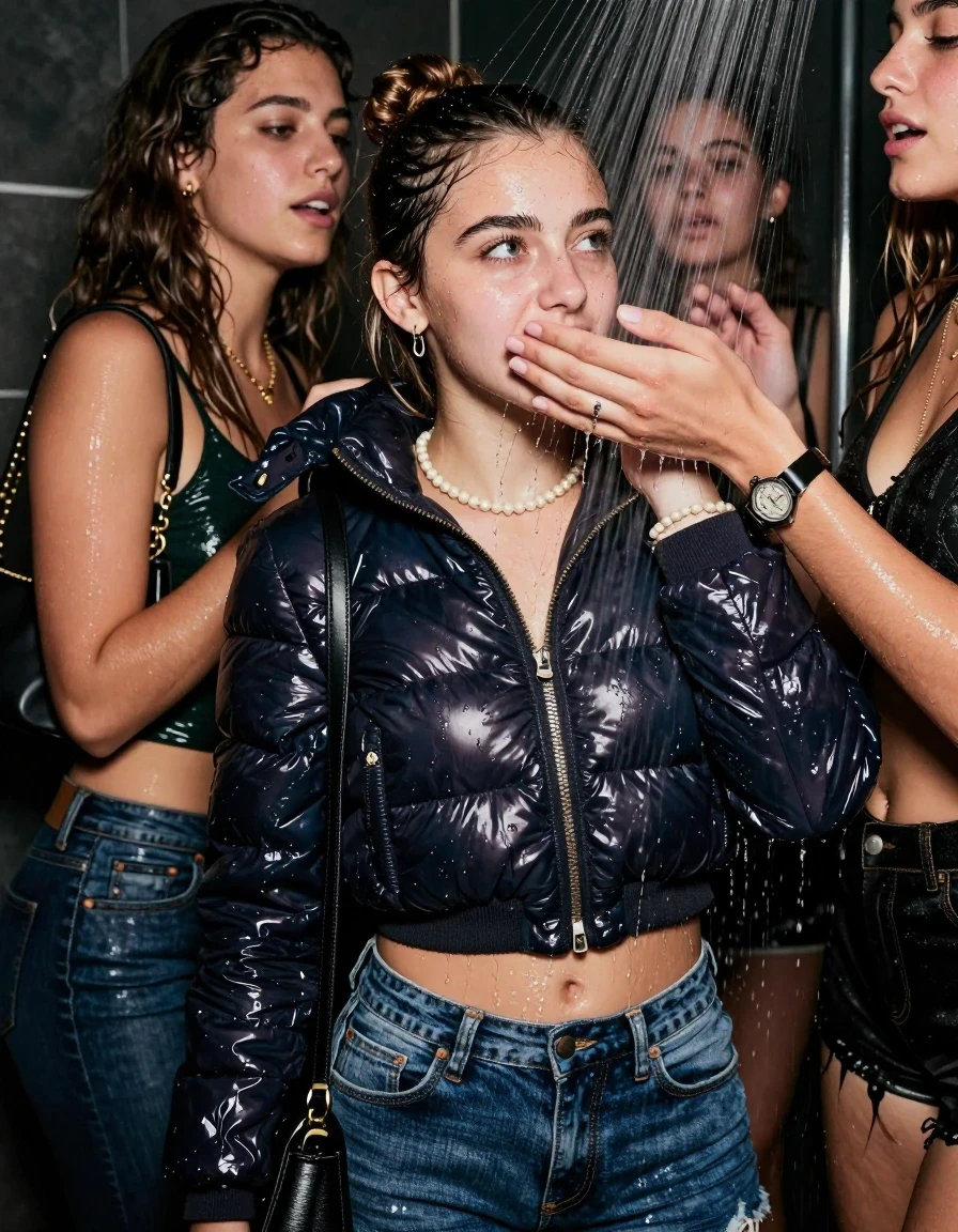 photo of young woman, in soaking wet, drenched clothes,
, Skinny jeans, Moncler shiny puffer down jacket, sweater belly free, shoulderbag, pearl necklace, bracelet, wristwatch, Orgasm Under the shower, strong jet of water, party room, 
enjoying, wet clothes stuck to body,
detailed textures of the wet clothes, wet face, wet plastered hair,
wet, drenched, professional, high-quality details, full body view.
sharp focus, ultra-high pixel detail, realistic, high-quality, full colors, incredibly detailed, 4k, 8k, 16k, hyper-realistic, RAW photo, masterpiece, ultra-detailed, professionally color graded, professional photograph, Topknot

 18 years old  teenage girl and her female  friends

Only head and shoulders are over the surface visible. Looking up to the side.  Her mouth is covered by her friends Hand. hugs her friend.

The girls wear different clothes.

she is completely underwater up to her neck, horny and Strenuous painful expression. 

her clothing is soaking wet and clinging tightly to her skin, showing heavy wet folds, darkened fabric texture, and deep water-saturated Patches, her clothes are heavy from the water, water runs from her body and her clothes in streams. A lot of water also runs out of her clothes. Her clothes are darkened by the water. Her submerged clothes are good visible under the water.  she soaked her handbag into the water.

close up view, wet skin, wet clothes, wet hair, damp fabric, water runs down the clothes, wet skin, wet clothes, damp fabric. cinematic medium shot, hyper-realistic wetness, high-contrast water sheen, sharp focus, 16k resolution, professional photography, realistic water physics., wet skin, wet clothes, damp fabric, wet skin, wet clothes, damp fabric, wet skin, wet clothes, damp fabric, wet skin, wet clothes, damp fabric, wet skin, wet clothes, damp fabric, wet skin, wet clothes, damp fabric, wet skin, wet clothes, damp fabric, wet skin, wet clothes, damp fabric