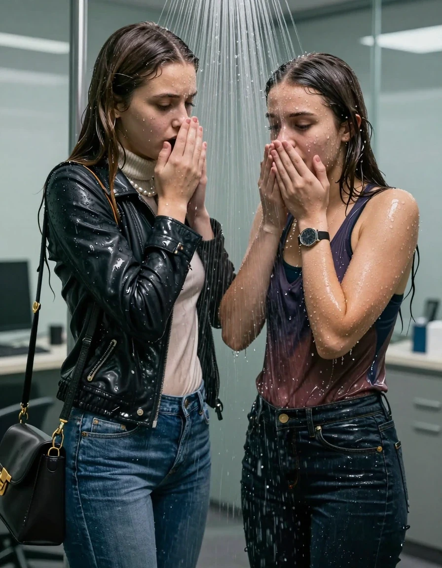 photo of young woman, in soaking wet, drenched clothes,
, Skinny jeans, Winterjackets, Long sleeve turtleneck sweater belly free, shoulderbag, pearl necklace, bracelet, wristwatch, Under the shower emerging in a large tube, strong jet of water, at office , 
enjoying, wet clothes stuck to body,
detailed textures of the wet clothes, wet face, wet plastered hair,
wet, drenched, professional, high-quality details, full body view.
sharp focus, ultra-high pixel detail, realistic, high-quality, full colors, incredibly detailed, 4k, 8k, 16k, hyper-realistic, RAW photo, masterpiece, ultra-detailed, professionally color graded, professional photograph, Long Sleek straight hair

Two 15-years-old  teenage girl and her female  friends

Only head and shoulders are over the surface visible. Looking down. Open mouth . Covers her nose with a hand. hugs her friend. Water running down her face and neck.

The girls wear different clothes and jackets.

she is completely underwater up to her neck, afraid and astonished expression. 

her clothing is soaking wet and clinging tightly to her skin, showing heavy wet folds, darkened fabric texture, and deep water-saturated Patches, her clothes are heavy from the water, water runs from her body and her clothes in streams. A lot of water also runs out of her clothes. Her clothes are darkened by the water. Her submerged clothes are good visible under the water.  she soaked her handbag into the water.

close up view, wet skin, wet clothes, wet hair, damp fabric, water runs down the clothes, wet skin, wet clothes, damp fabric. cinematic medium shot, hyper-realistic wetness, high-contrast water sheen, sharp focus, 16k resolution, professional photography, realistic water physics., wet skin, wet clothes, damp fabric, wet skin, wet clothes, damp fabric, wet skin, wet clothes, damp fabric, wet skin, wet clothes, damp fabric, wet skin, wet clothes, damp fabric, wet skin, wet clothes, damp fabric, wet skin, wet clothes, damp fabric, wet skin, wet clothes, damp fabric, wet skin, wet clothes, damp fabric, wet skin, wet clothes, damp fabric