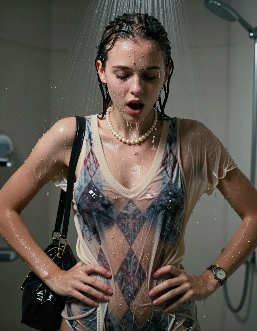 photo of young woman, in soaking wet, drenched clothes,
, , v-neck sweater with diamond pattern, shoulderbag , Pearl necklace, bracelet, wristwatch, Under the shower, strong jet of water, party room, 
enjoying, wet clothes stuck to body,
detailed textures of the wet clothes, wet face, wet plastered hair,
wet, drenched, professional, high-quality details, full body view.
sharp focus, ultra-high pixel detail, realistic, high-quality, full colors, incredibly detailed, 4k, 8k, 16k, hyper-realistic, RAW photo, masterpiece, ultra-detailed, professionally color graded, professional photograph, 18 year old teenage girl

Only head and shoulders are over the surface visible. Open mouth, closed eyes. Looking down. Hands on hips. Water running down her face and neck

The girls wear same clothes.

she is completely underwater up to her neck, surprised and astonished expression. 

her clothing is soaking wet and clinging tightly to her skin, showing heavy wet folds, darkened fabric texture, and deep water-saturated Patches, her clothes are heavy from the water, water runs from her body and her clothes in streams. A lot of water also runs out of her clothes. Her clothes are darkened by the water. Her submerged clothes are good visible under the water.  she soaked her handbag into the water.

close up view, wet skin, wet clothes, wet hair, damp fabric, water runs down the clothes, wet skin, wet clothes, damp fabric. cinematic medium shot, hyper-realistic wetness, high-contrast water sheen, sharp focus, 16k resolution, professional photography, realistic water physics., wet skin, wet clothes, damp fabric, wet skin, wet clothes, damp fabric, wet skin, wet clothes, damp fabric, wet skin, wet clothes, damp fabric, wet skin, wet clothes, damp fabric, wet skin, wet clothes, damp fabric, wet skin, wet clothes, damp fabric