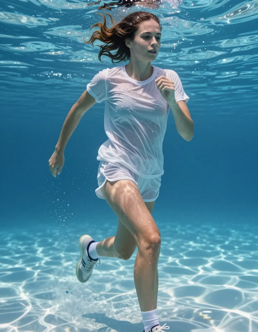 photo of young woman, in soaking wet, drenched clothes,
running sneakers, short white socks, shorts, t shirt, , 
enjoying, wet clothes stuck to body,
detailed textures of the wet clothes, wet face, wet plastered hair,
wet, drenched, professional, high-quality details, full body view.
sharp focus, ultra-high pixel detail, realistic, high-quality, full colors, incredibly detailed, 4k, 8k, 16k, hyper-realistic, RAW photo, masterpiece, ultra-detailed, professionally color graded, professional photograph, swimming underwater, wet skin, wet clothes, damp fabric