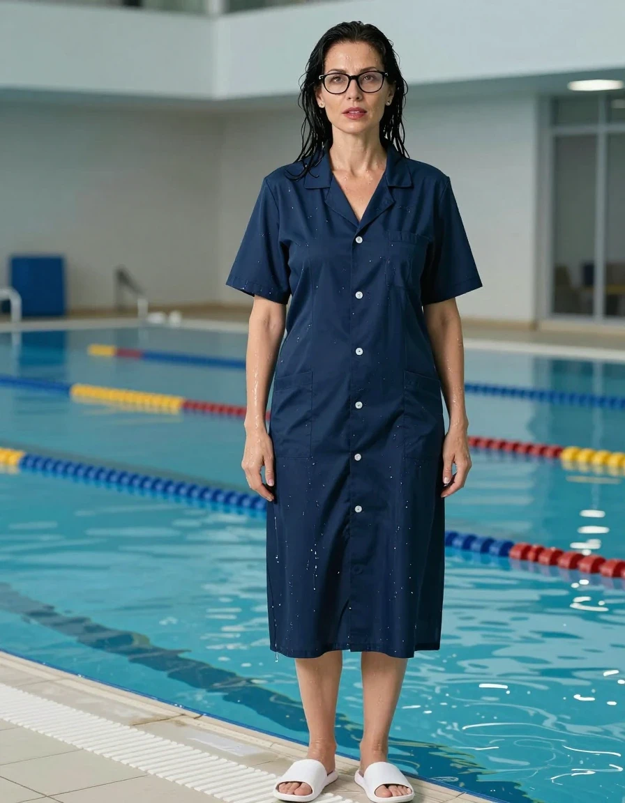 photo of young woman, in soaking wet, drenched clothes,
white slippers, maxi dark blue labdress with short sleeves, maxi dark blue labdress with short sleeves, after swim in indoor swimming pool, enjoying wet clothes stuck body, enjoying, wet clothes stuck to body, 
enjoying, wet clothes stuck to body,
detailed textures of the wet clothes, wet face, wet plastered hair,
wet, drenched, professional, high-quality details, full body view.
sharp focus, ultra-high pixel detail, realistic, high-quality, full colors, incredibly detailed, 4k, 8k, 16k, hyper-realistic, RAW photo, masterpiece, ultra-detailed, professionally color graded, professional photograph, europen brunette skinny woman 50 years old, long dark black hair, office glasses, very big and thick lips, complete body, wet skin, wet clothes, damp fabric, wet skin, wet clothes, damp fabric, wet skin, wet clothes, damp fabric, wet skin, wet clothes, damp fabric, wet skin, wet clothes, damp fabric, wet skin, wet clothes, damp fabric, wet skin, wet clothes, damp fabric