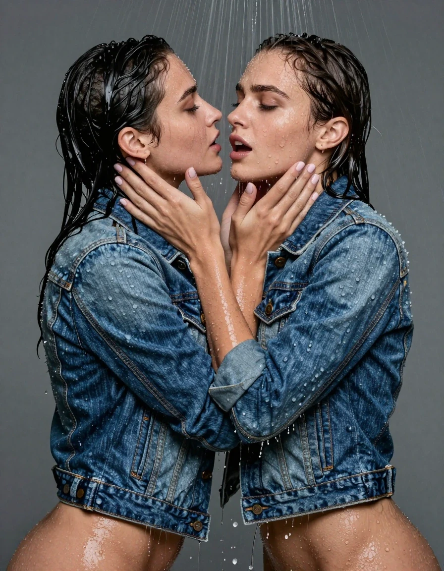 photo of young woman, in soaking wet, drenched clothes,
Denim, Short denim jacket, Shower love, 
enjoying, wet clothes stuck to body,
detailed textures of the wet clothes, wet face, wet plastered hair,
wet, drenched, professional, high-quality details, full body view.
sharp focus, ultra-high pixel detail, realistic, high-quality, full colors, incredibly detailed, 4k, 8k, 16k, hyper-realistic, RAW photo, masterpiece, ultra-detailed, professionally color graded, professional photograph, Tow women toch  fun, wet skin, wet clothes, damp fabric