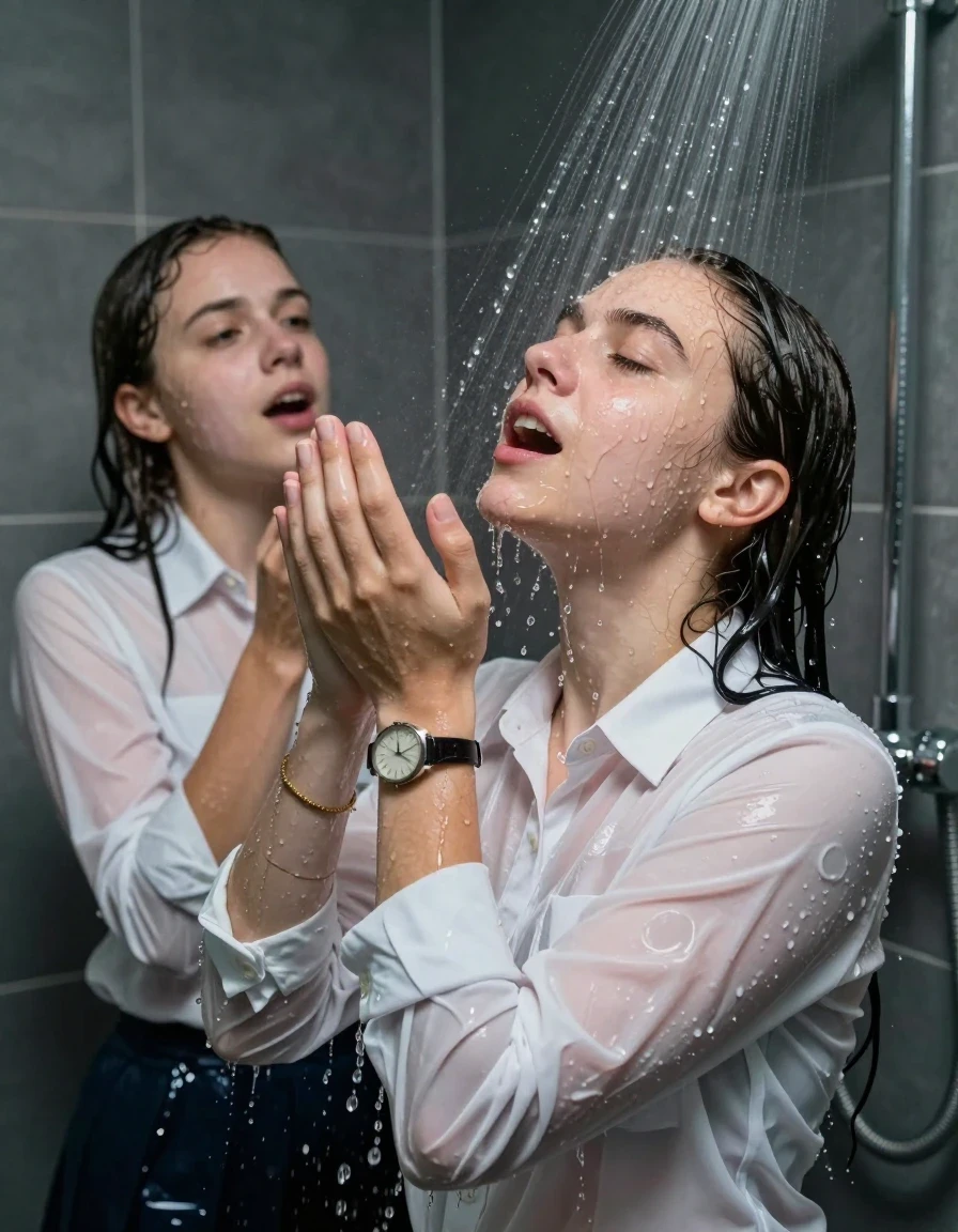 photo of young woman, in soaking wet, drenched clothes,
, , , long sleeve smart white school shirt bracelet, wristwatch, Under the shower, strong jet of water, party room, 
enjoying, wet clothes stuck to body,
detailed textures of the wet clothes, wet face, wet plastered hair,
wet, drenched, professional, high-quality details, full body view.
sharp focus, ultra-high pixel detail, realistic, high-quality, full colors, incredibly detailed, 4k, 8k, 16k, hyper-realistic, RAW photo, masterpiece, ultra-detailed, professionally color graded, professional photograph, Two 18 year old ladies

Only head and shoulders are over the surface visible. Open mouth, closed eyes. Looking up. Hands up. Water running down her face and neck

The girls wear same clothes.

she is completely underwater up to her neck, surprised and astonished expression. 

her clothing is soaking wet and clinging tightly to her skin, showing heavy wet folds, darkened fabric texture, and deep water-saturated Patches, her clothes are heavy from the water, water runs from her body and her clothes in streams. A lot of water also runs out of her clothes. Her clothes are darkened by the water. Her submerged clothes are good visible under the water.  she soaked her handbag into the water.

close up view, wet skin, wet clothes, wet hair, damp fabric, water runs down the clothes, wet skin, wet clothes, damp fabric. cinematic medium shot, hyper-realistic wetness, high-contrast water sheen, sharp focus, 16k resolution, professional photography, realistic water physics., wet skin, wet clothes, damp fabric, wet skin, wet clothes, damp fabric, wet skin, wet clothes, damp fabric, wet skin, wet clothes, damp fabric, wet skin, wet clothes, damp fabric, wet skin, wet clothes, damp fabric