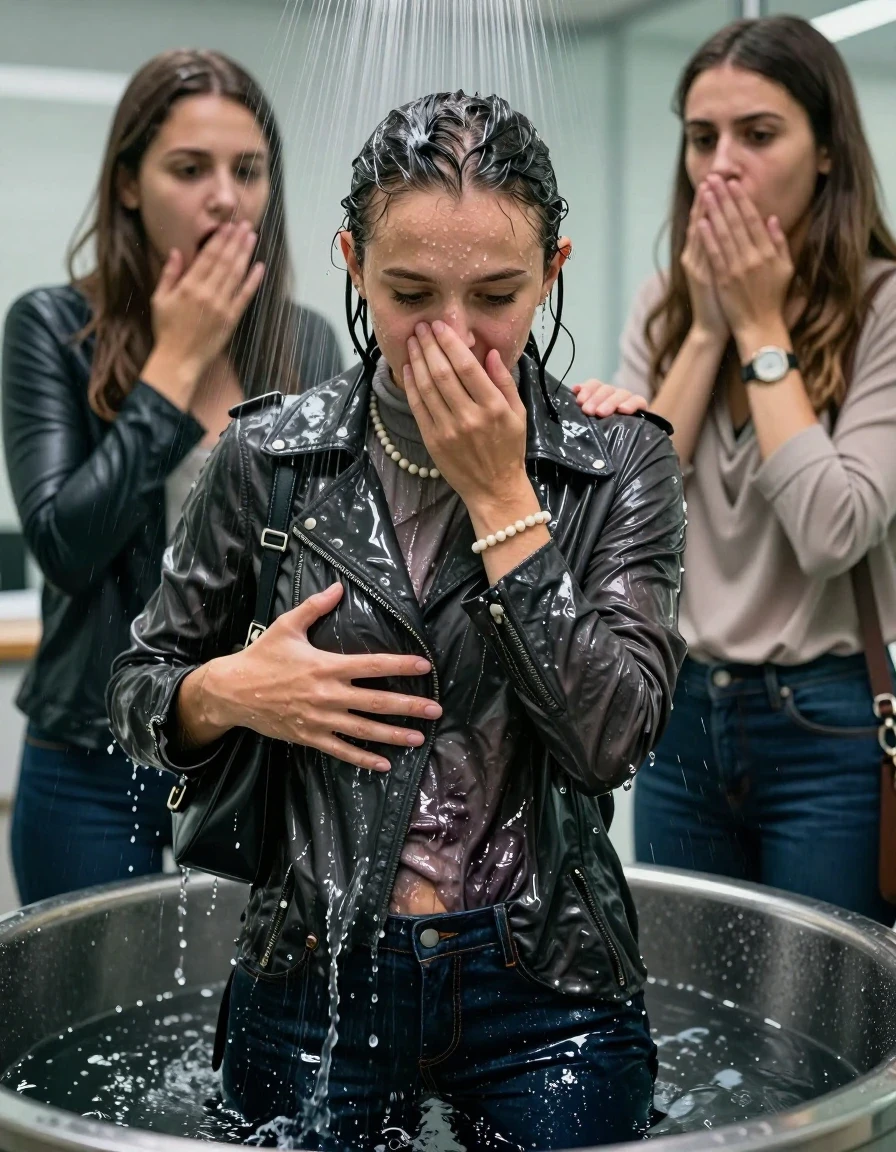 photo of young woman, in soaking wet, drenched clothes,
, Skinny jeans, Thick Woolen Winter coat, Long sleeve turtleneck sweater belly free, shoulderbag, pearl necklace, bracelet, wristwatch, Under the shower emerging in a tube, strong jet of water, at office , 
enjoying, wet clothes stuck to body,
detailed textures of the wet clothes, wet face, wet plastered hair,
wet, drenched, professional, high-quality details, full body view.
sharp focus, ultra-high pixel detail, realistic, high-quality, full colors, incredibly detailed, 4k, 8k, 16k, hyper-realistic, RAW photo, masterpiece, ultra-detailed, professionally color graded, professional photograph, Topknot

 15-years-old  teenage girl and her female  friends

Only head and shoulders are over the surface visible. Looking down. Open mouth, big eyes . Covers her nose with a hand. hugs her friend. Water running down her face and neck.

The girls wear different clothes and jackets.

she is completely underwater up to her neck, horny and astonished expression. 

her clothing is soaking wet and clinging tightly to her skin, showing heavy wet folds, darkened fabric texture, and deep water-saturated Patches, her clothes are heavy from the water, water runs from her body and her clothes in streams. A lot of water also runs out of her clothes. Her clothes are darkened by the water. Her submerged clothes are good visible under the water.  she soaked her handbag into the water.

close up view, wet skin, wet clothes, wet hair, damp fabric, water runs down the clothes, wet skin, wet clothes, damp fabric. cinematic medium shot, hyper-realistic wetness, high-contrast water sheen, sharp focus, 16k resolution, professional photography, realistic water physics., wet skin, wet clothes, damp fabric, wet skin, wet clothes, damp fabric, wet skin, wet clothes, damp fabric, wet skin, wet clothes, damp fabric, wet skin, wet clothes, damp fabric, wet skin, wet clothes, damp fabric, wet skin, wet clothes, damp fabric, wet skin, wet clothes, damp fabric, wet skin, wet clothes, damp fabric