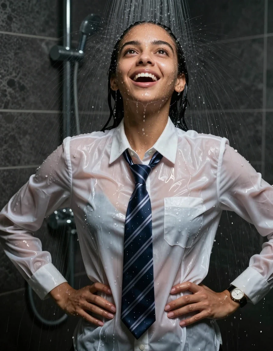 photo of young woman, in soaking wet, drenched clothes,
, , , long sleeve smart white school satin shirt, striped tie, bracelet, wristwatch,, Under the shower, strong jet of water, party room, 
enjoying, wet clothes stuck to body,
detailed textures of the wet clothes, wet face, wet plastered hair,
wet, drenched, professional, high-quality details, full body view.
sharp focus, ultra-high pixel detail, realistic, high-quality, full colors, incredibly detailed, 4k, 8k, 16k, hyper-realistic, RAW photo, masterpiece, ultra-detailed, professionally color graded, professional photograph, An 18 year old black lady

Only head and shoulders are over the surface visible. Open mouth smiling, open eyes. Looking up. Hands on hips. Water running down her face and neck
No bra.

she is completely underwater up to her neck, surprised and astonished expression. 

her clothing is soaking wet and clinging tightly to her skin, showing heavy wet folds, darkened fabric texture, and deep water-saturated Patches, her clothes are heavy from the water, water runs from her body and her clothes in streams. A lot of water also runs out of her clothes. Her clothes are darkened by the water. Her submerged clothes are good visible under the water.  she soaked her handbag into the water.

close up view, wet skin, wet clothes, wet hair, damp fabric, water runs down the clothes, wet skin, wet clothes, damp fabric. cinematic medium shot, hyper-realistic wetness, high-contrast water sheen, sharp focus, 16k resolution, professional photography, realistic water physics., wet skin, wet clothes, damp fabric, wet skin, wet clothes, damp fabric, wet skin, wet clothes, damp fabric, wet skin, wet clothes, damp fabric, wet skin, wet clothes, damp fabric, wet skin, wet clothes, damp fabric