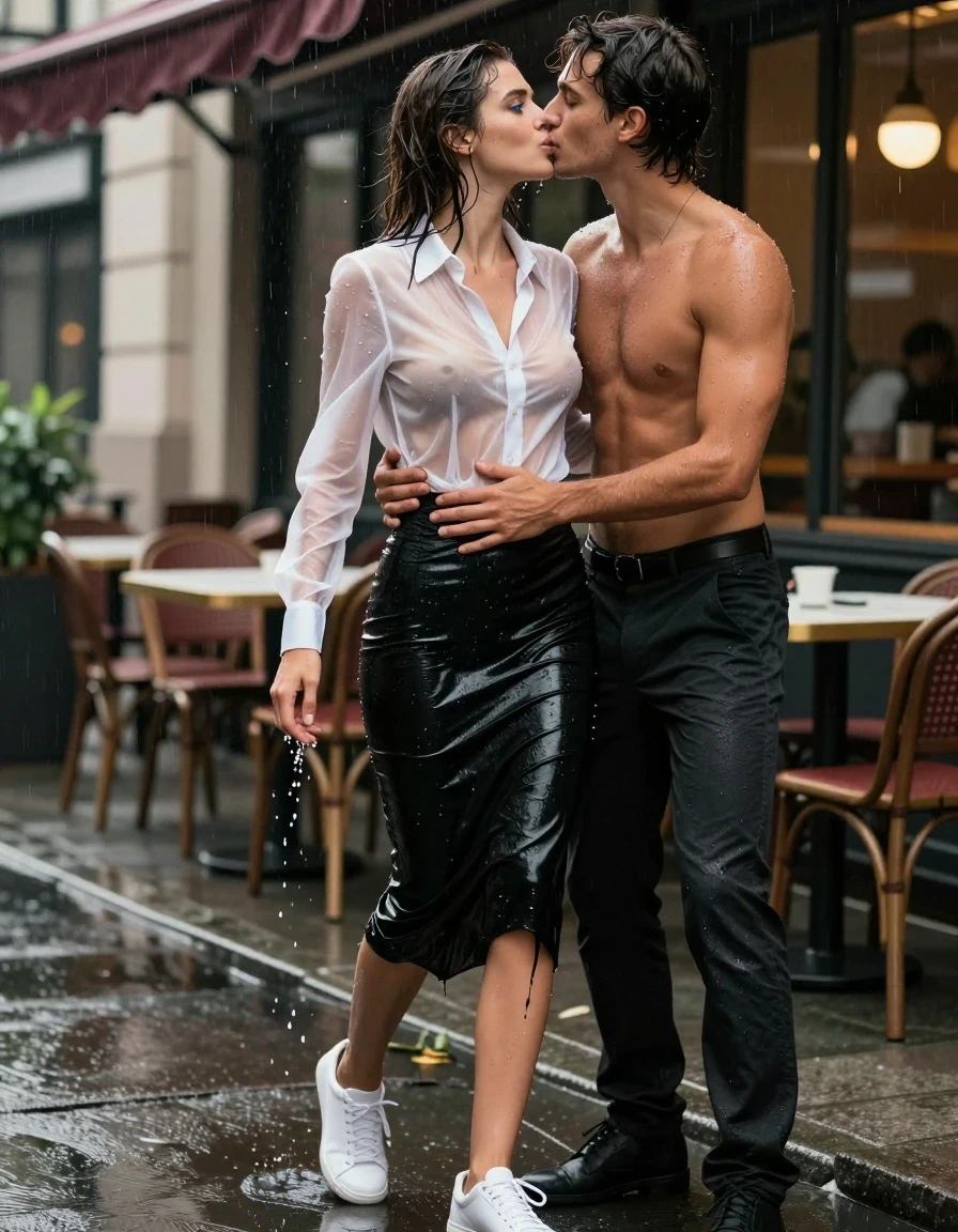 photo of young woman, in soaking wet, drenched clothes,
White sneakers, , Black midi skirt, soaked and clinging,, white translucent latex blouse, no bra, sheer and drenched, visible water droplets, no bra,, outdoor cafe frontage, urban sidewalk, rainy atmosphere, 
enjoying, wet clothes stuck to body,
detailed textures of the wet clothes, wet face, wet plastered hair,
wet, drenched, professional, high-quality details, full body view.
sharp focus, ultra-high pixel detail, realistic, high-quality, full colors, incredibly detailed, 4k, 8k, 16k, hyper-realistic, RAW photo, masterpiece, ultra-detailed, professionally color graded, professional photograph, a woman in an office rush frantically, her hair is very wet and dropping, she looks very erotic, her latex blouse is very translucent and you can see here breasts, she wears no bra, water is droping out of her clothes, she wears a black midi skirt, the young woman is standing in the rain, a shirtless young man is standing in front of the young woman, they hug each other, she kisses him with very passionately on his mouth, she likes it very much, her blue eyes are open, photorealistic lifestyle photography, rich natural color, balanced bright exposure, moderate contrast, softly lifted shadows, high-fashion editorial style, cinematic medium shot with shallow depth of field., wet skin, wet clothes, damp fabric