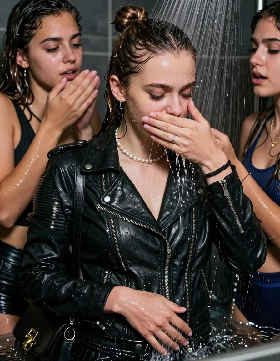 photo of young woman, in soaking wet, drenched clothes,
, , Biker leatherjacket, sweater belly free, shoulderbag, pearl necklace, bracelet, wristwatch, Orgasm Under the shower, strong jet of water, party room, 
enjoying, wet clothes stuck to body,
detailed textures of the wet clothes, wet face, wet plastered hair,
wet, drenched, professional, high-quality details, full body view.
sharp focus, ultra-high pixel detail, realistic, high-quality, full colors, incredibly detailed, 4k, 8k, 16k, hyper-realistic, RAW photo, masterpiece, ultra-detailed, professionally color graded, professional photograph, Topknot

 15 years old  school girl and her female  friends

Only head and shoulders are over the surface visible. Looking down to the side.  closed eyes . Her mouth is covered by her friends Hand. hugs her friend.

The girls wear different clothes.

she is completely underwater up to her neck, horny and Strenuous painful expression. 

her clothing is soaking wet and clinging tightly to her skin, showing heavy wet folds, darkened fabric texture, and deep water-saturated Patches, her clothes are heavy from the water, water runs from her body and her clothes in streams. A lot of water also runs out of her clothes. Her clothes are darkened by the water. Her submerged clothes are good visible under the water.  she soaked her handbag into the water.

close up view, wet skin, wet clothes, wet hair, damp fabric, water runs down the clothes, wet skin, wet clothes, damp fabric. cinematic medium shot, hyper-realistic wetness, high-contrast water sheen, sharp focus, 16k resolution, professional photography, realistic water physics., wet skin, wet clothes, damp fabric, wet skin, wet clothes, damp fabric, wet skin, wet clothes, damp fabric, wet skin, wet clothes, damp fabric, wet skin, wet clothes, damp fabric, wet skin, wet clothes, damp fabric, wet skin, wet clothes, damp fabric, wet skin, wet clothes, damp fabric
