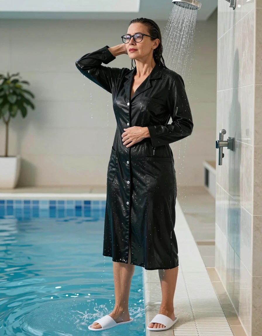 photo of young woman, in soaking wet, drenched clothes,
white slippers, maxi black labdress, maxi black labdress, taking shower after bath in indoor swimming pool, enjoying wet clothes stuck body, enjoying, wet clothes stuck to body, 
enjoying, wet clothes stuck to body,
detailed textures of the wet clothes, wet face, wet plastered hair,
wet, drenched, professional, high-quality details, full body view.
sharp focus, ultra-high pixel detail, realistic, high-quality, full colors, incredibly detailed, 4k, 8k, 16k, hyper-realistic, RAW photo, masterpiece, ultra-detailed, professionally color graded, professional photograph, europen brunette skinny woman 50 years old, long dark black hair, office glasses, very big and thick lips, complete body, wet skin, wet clothes, damp fabric, wet skin, wet clothes, damp fabric, wet skin, wet clothes, damp fabric, wet skin, wet clothes, damp fabric, wet skin, wet clothes, damp fabric, wet skin, wet clothes, damp fabric, wet skin, wet clothes, damp fabric