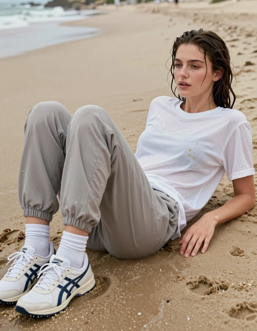 photo of young woman, in soaking wet, drenched clothes,
asics sneakers, white  socks, sweatpants, white t shirt, lying in beach, 
enjoying, wet clothes stuck to body,
detailed textures of the wet clothes, wet face, wet plastered hair,
wet, drenched, professional, high-quality details, full body view.
sharp focus, ultra-high pixel detail, realistic, high-quality, full colors, incredibly detailed, 4k, 8k, 16k, hyper-realistic, RAW photo, masterpiece, ultra-detailed, professionally color graded, professional photograph, wet skin, wet clothes, damp fabric