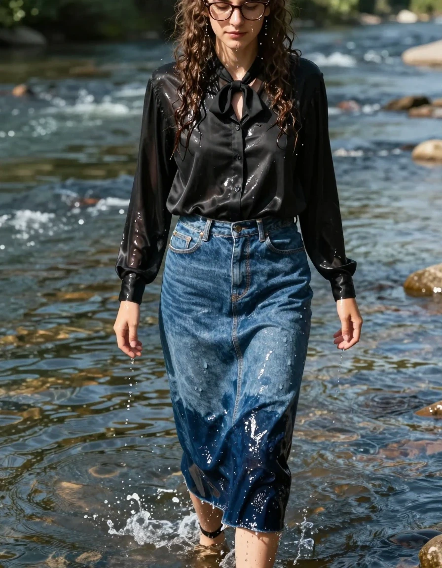 A photorealistic portrait of a young adult European woman with long curly hair, wearing glasses, emerging from a river after snorkeling, water dripping from her face and hair. She is wearing an oversized long-sleeved black silk blouse with a bowtie at the neck, and a floor-length denim skirt. The floor-length denim skirt is soaking-wet, water-saturated heavyweight denim, blue changed to deep navy and indigo, substantially darker unevenly soaked patches, absorbed water, heavy wet folds, visible weave and stitching, and strong glossy specular reflections on the raised weave, seams, and creases. She wears sandals, her skin is slick with water and glistening, the black silk blouse is clinging to her body, dark and translucent from saturation. The background features a scorching hot summer day with a sudden summer rainfall creating ripples on the river surface. The atmosphere is humid and bright, high-contrast sunlight reflecting off the wet surfaces, 8k resolution, cinematic lighting, hyper-detailed texture, realistic water physics.