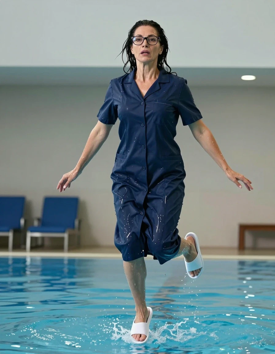 photo of young woman, in soaking wet, drenched clothes,
white slippers, maxi dark blue labdress with short sleeves, maxi dark blue labdress with short sleeves, jumping in indoor swimming pool, enjoying wet clothes stuck body, enjoying, wet clothes stuck to body, 
enjoying, wet clothes stuck to body,
detailed textures of the wet clothes, wet face, wet plastered hair,
wet, drenched, professional, high-quality details, full body view.
sharp focus, ultra-high pixel detail, realistic, high-quality, full colors, incredibly detailed, 4k, 8k, 16k, hyper-realistic, RAW photo, masterpiece, ultra-detailed, professionally color graded, professional photograph, europen brunette skinny woman 50 years old, long dark black hair, office glasses, very big and thick lips, complete body, wet skin, wet clothes, damp fabric, wet skin, wet clothes, damp fabric, wet skin, wet clothes, damp fabric, wet skin, wet clothes, damp fabric, wet skin, wet clothes, damp fabric, wet skin, wet clothes, damp fabric, wet skin, wet clothes, damp fabric