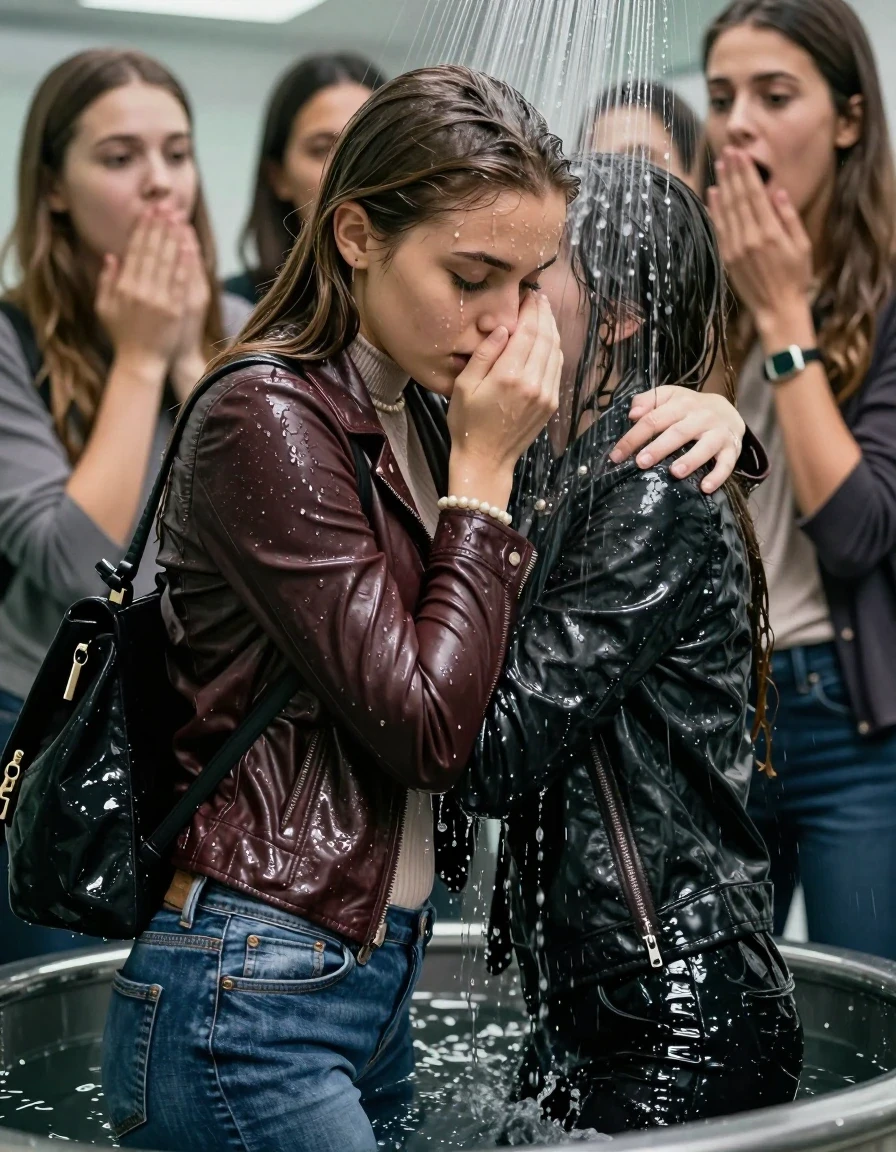 photo of young woman, in soaking wet, drenched clothes,
, Skinny jeans, Leatherjacket, Long sleeve turtleneck sweater belly free, shoulderbag, pearl necklace, bracelet, wristwatch, Under the shower emerging in a tube, strong jet of water, at office , 
enjoying, wet clothes stuck to body,
detailed textures of the wet clothes, wet face, wet plastered hair,
wet, drenched, professional, high-quality details, full body view.
sharp focus, ultra-high pixel detail, realistic, high-quality, full colors, incredibly detailed, 4k, 8k, 16k, hyper-realistic, RAW photo, masterpiece, ultra-detailed, professionally color graded, professional photograph, Long Sleek straight hair

 15-years-old  teenage girl and her female  friends

Only head and shoulders are over the surface visible. Looking down. Open mouth, big eyes . Covers her nose with a hand. hugs her friend. Water running down her face and neck.

The girls wear different clothes and jackets.

she is completely underwater up to her neck, horny and astonished expression. 

her clothing is soaking wet and clinging tightly to her skin, showing heavy wet folds, darkened fabric texture, and deep water-saturated Patches, her clothes are heavy from the water, water runs from her body and her clothes in streams. A lot of water also runs out of her clothes. Her clothes are darkened by the water. Her submerged clothes are good visible under the water.  she soaked her handbag into the water.

close up view, wet skin, wet clothes, wet hair, damp fabric, water runs down the clothes, wet skin, wet clothes, damp fabric. cinematic medium shot, hyper-realistic wetness, high-contrast water sheen, sharp focus, 16k resolution, professional photography, realistic water physics., wet skin, wet clothes, damp fabric, wet skin, wet clothes, damp fabric, wet skin, wet clothes, damp fabric, wet skin, wet clothes, damp fabric, wet skin, wet clothes, damp fabric, wet skin, wet clothes, damp fabric, wet skin, wet clothes, damp fabric, wet skin, wet clothes, damp fabric, wet skin, wet clothes, damp fabric