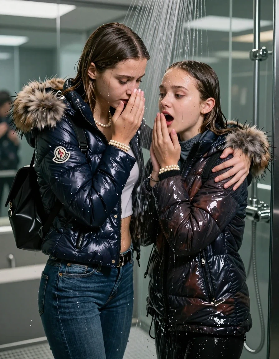 photo of young woman, in soaking wet, drenched clothes,
, Skinny jeans, Moncler Shiny puffer down coat with fur, Long sleeve turtleneck sweater belly free, shoulderbag, pearl necklace, bracelet, wristwatch, Under the shower emerging in a tube, strong jet of water, at modern mirrored spa, 
enjoying, wet clothes stuck to body,
detailed textures of the wet clothes, wet face, wet plastered hair,
wet, drenched, professional, high-quality details, full body view.
sharp focus, ultra-high pixel detail, realistic, high-quality, full colors, incredibly detailed, 4k, 8k, 16k, hyper-realistic, RAW photo, masterpiece, ultra-detailed, professionally color graded, professional photograph, Long Sleek straight hair

Two 15-years-old  teenage girl and her female  friends

Only head and shoulders are over the surface visible. Looking down. Open mouth. Covers her nose with a hand. hugs her friend. Water running down her face and neck.

The girls wear different clothes and jackets.

she is completely underwater up to her neck, afraid and astonished expression. 

her clothing is soaking wet and clinging tightly to her skin, showing heavy wet folds, darkened fabric texture, and deep water-saturated Patches, her clothes are heavy from the water, water runs from her body and her clothes in streams. A lot of water also runs out of her clothes. Her clothes are darkened by the water. Her submerged clothes are good visible under the water.  she soaked her handbag into the water.

close up view, wet skin, wet clothes, wet hair, damp fabric, water runs down the clothes, wet skin, wet clothes, damp fabric. cinematic medium shot, hyper-realistic wetness, high-contrast water sheen, sharp focus, 16k resolution, professional photography, realistic water physics., wet skin, wet clothes, damp fabric, wet skin, wet clothes, damp fabric, wet skin, wet clothes, damp fabric, wet skin, wet clothes, damp fabric, wet skin, wet clothes, damp fabric, wet skin, wet clothes, damp fabric, wet skin, wet clothes, damp fabric, wet skin, wet clothes, damp fabric, wet skin, wet clothes, damp fabric, wet skin, wet clothes, damp fabric, wet skin, wet clothes, damp fabric