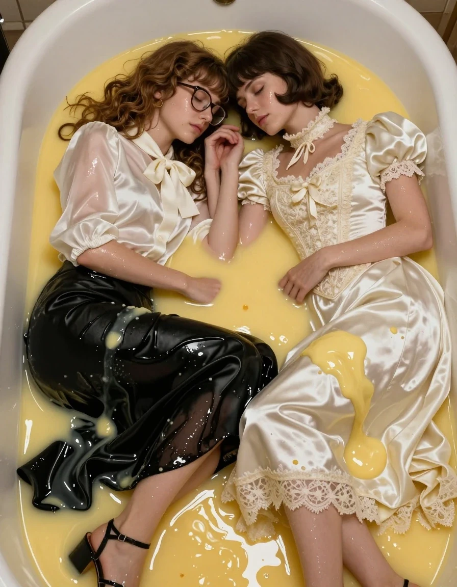 A hyper-realistic, high-detail cinematic shot of two young adult European women sleeping intertwined in a bathtub filled with thick, glossy, viscous yellow custard. The first woman has long curly hair, wearing thick-rimmed glasses, a white silk blouse with oversized sleeves and an elegant bowtie, and a floor-length black silk skirt, with her feet clad in strappy sandals. The second woman features a 1960s-style Beatles-inspired haircut and wears an intricate, high-collared Victorian wedding dress. Both women are thoroughly drenched in the custard, with the fabric of the wedding dress and the black silk skirt appearing heavy, clinging, and translucent where soaked. The custard coats their skin and hair with a thick, reflective, high-viscosity sheen. The lighting is soft and moody, highlighting the texture of the custard clinging to the fabric folds and the glossy wetness on their skin. The scene is captured with a sharp focus on the intimate, serene poses of the subjects, emphasizing the contrast between the delicate silk and lace fabrics and the dense, liquid custard environment, photorealistic, 8k, highly detailed textures.