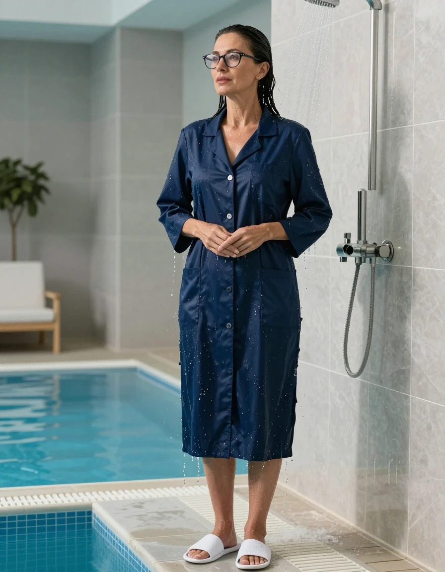 photo of young woman, in soaking wet, drenched clothes,
white slippers, maxi dark blue labdress, maxi dark blue labdress, taking shower after bath in indoor swimming pool, enjoying wet clothes stuck body, enjoying, wet clothes stuck to body, 
enjoying, wet clothes stuck to body,
detailed textures of the wet clothes, wet face, wet plastered hair,
wet, drenched, professional, high-quality details, full body view.
sharp focus, ultra-high pixel detail, realistic, high-quality, full colors, incredibly detailed, 4k, 8k, 16k, hyper-realistic, RAW photo, masterpiece, ultra-detailed, professionally color graded, professional photograph, europen brunette skinny woman 50 years old, long dark black hair, office glasses, very big and thick lips, complete body, wet skin, wet clothes, damp fabric, wet skin, wet clothes, damp fabric, wet skin, wet clothes, damp fabric, wet skin, wet clothes, damp fabric, wet skin, wet clothes, damp fabric, wet skin, wet clothes, damp fabric, wet skin, wet clothes, damp fabric