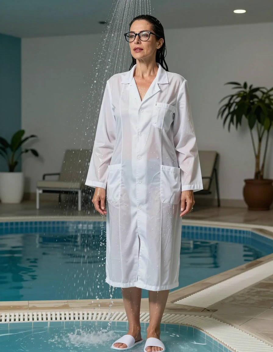 photo of young woman, in soaking wet, drenched clothes,
white slippers, maxi white labdress, maxi white labdress, taking shower after bath in indoor swimming pool, enjoying wet clothes stuck body, enjoying, wet clothes stuck to body, 
enjoying, wet clothes stuck to body,
detailed textures of the wet clothes, wet face, wet plastered hair,
wet, drenched, professional, high-quality details, full body view.
sharp focus, ultra-high pixel detail, realistic, high-quality, full colors, incredibly detailed, 4k, 8k, 16k, hyper-realistic, RAW photo, masterpiece, ultra-detailed, professionally color graded, professional photograph, europen brunette skinny woman 50 years old, long dark black hair, office glasses, very big and thick lips, complete body, wet skin, wet clothes, damp fabric, wet skin, wet clothes, damp fabric, wet skin, wet clothes, damp fabric, wet skin, wet clothes, damp fabric, wet skin, wet clothes, damp fabric, wet skin, wet clothes, damp fabric, wet skin, wet clothes, damp fabric