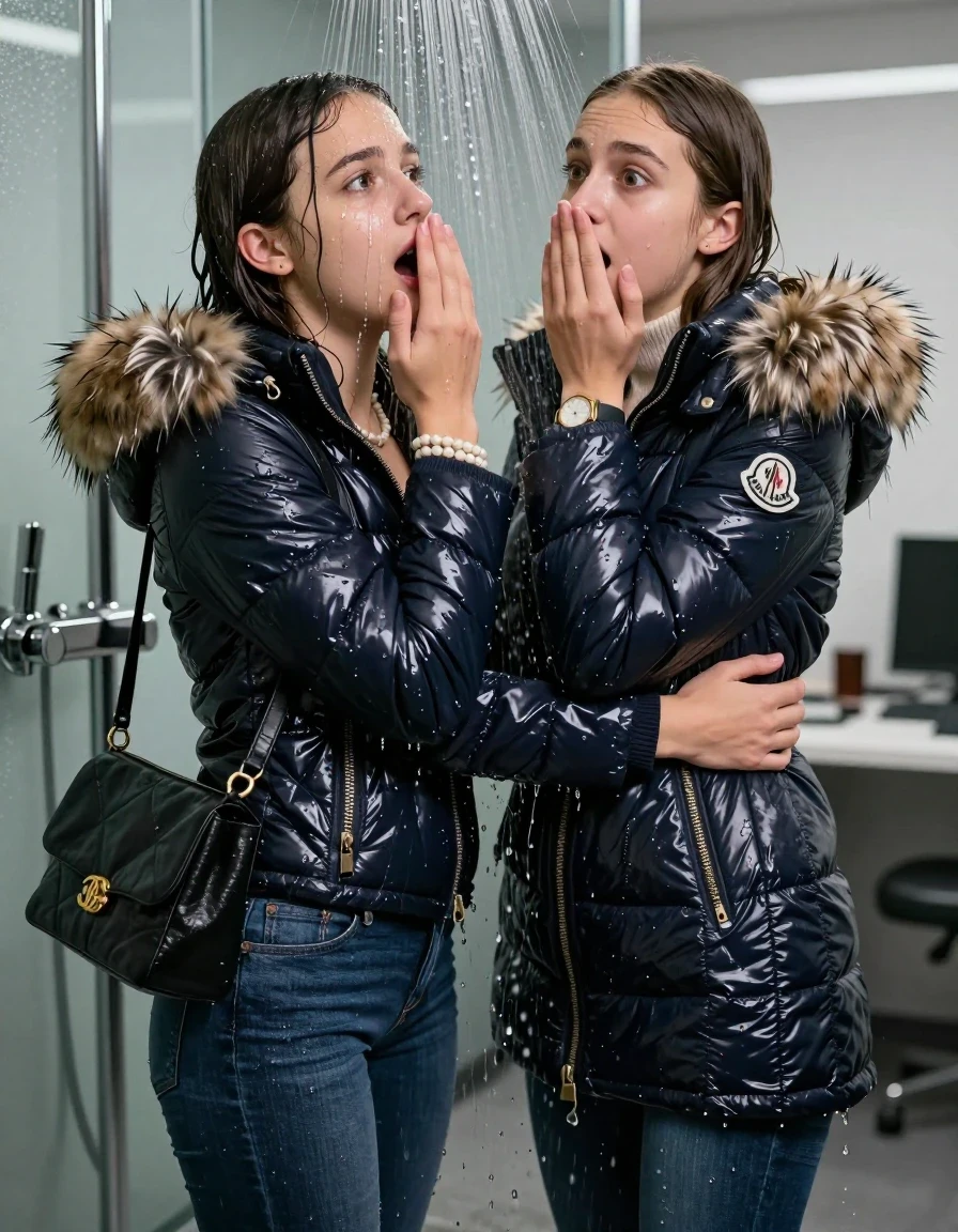 photo of young woman, in soaking wet, drenched clothes,
, Skinny jeans, Moncler Shiny puffer down coat with fur, Long sleeve turtleneck sweater belly free, shoulderbag, pearl necklace, bracelet, wristwatch, Under the shower emerging in a tube, strong jet of water, at office , 
enjoying, wet clothes stuck to body,
detailed textures of the wet clothes, wet face, wet plastered hair,
wet, drenched, professional, high-quality details, full body view.
sharp focus, ultra-high pixel detail, realistic, high-quality, full colors, incredibly detailed, 4k, 8k, 16k, hyper-realistic, RAW photo, masterpiece, ultra-detailed, professionally color graded, professional photograph, Long Sleek straight hair

Two 15-years-old  teenage girl and her female  friends

Only head and shoulders are over the surface visible. Looking up. Open mouth . Covers her nose with a hand. hugs her friend. Water running down her face and neck.

The girls wear different clothes and jackets.

she is completely underwater up to her neck, afraid and astonished expression. 

her clothing is soaking wet and clinging tightly to her skin, showing heavy wet folds, darkened fabric texture, and deep water-saturated Patches, her clothes are heavy from the water, water runs from her body and her clothes in streams. A lot of water also runs out of her clothes. Her clothes are darkened by the water. Her submerged clothes are good visible under the water.  she soaked her handbag into the water.

close up view, wet skin, wet clothes, wet hair, damp fabric, water runs down the clothes, wet skin, wet clothes, damp fabric. cinematic medium shot, hyper-realistic wetness, high-contrast water sheen, sharp focus, 16k resolution, professional photography, realistic water physics., wet skin, wet clothes, damp fabric, wet skin, wet clothes, damp fabric, wet skin, wet clothes, damp fabric, wet skin, wet clothes, damp fabric, wet skin, wet clothes, damp fabric, wet skin, wet clothes, damp fabric, wet skin, wet clothes, damp fabric, wet skin, wet clothes, damp fabric, wet skin, wet clothes, damp fabric, wet skin, wet clothes, damp fabric, wet skin, wet clothes, damp fabric