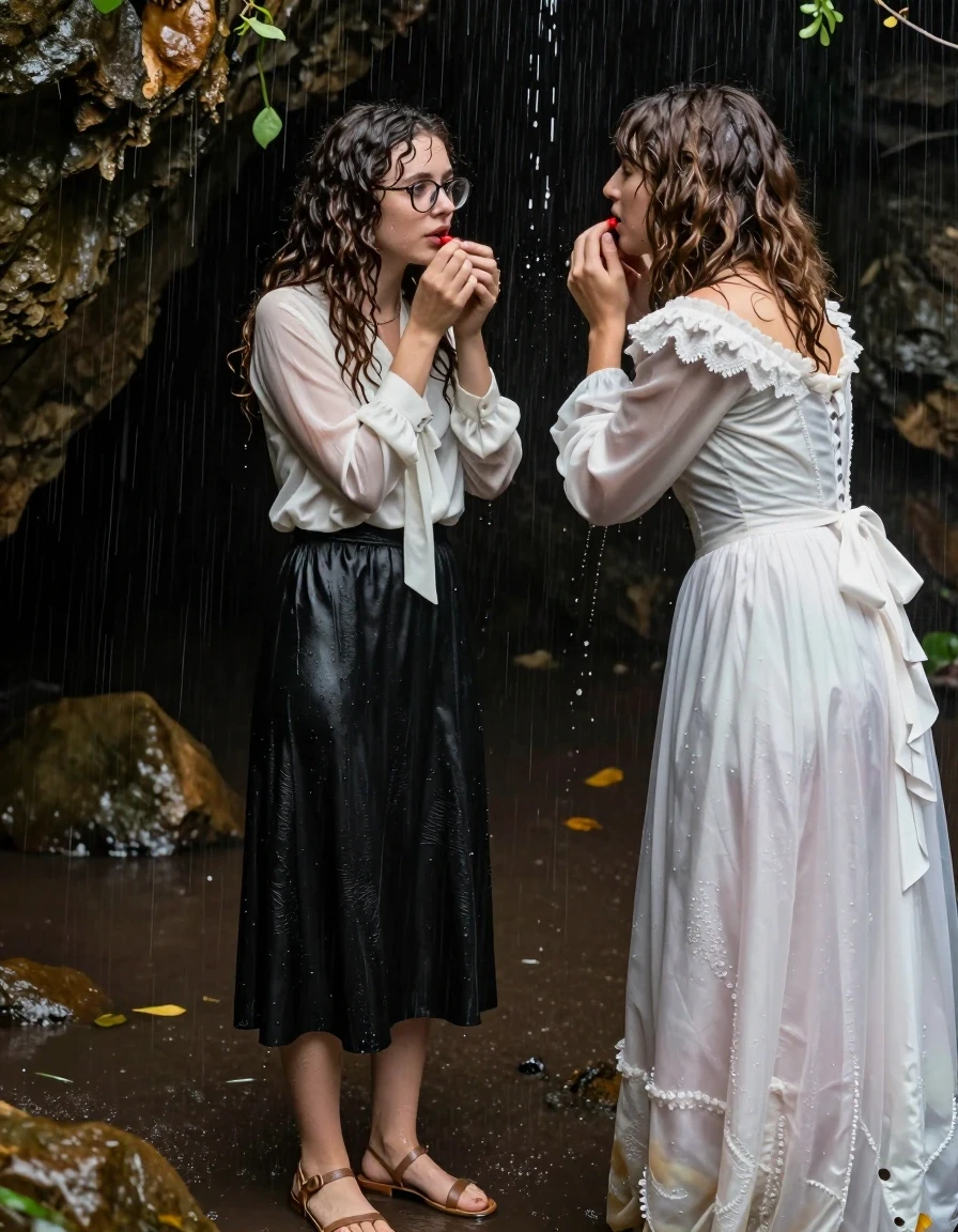 photo of young woman, in soaking wet, drenched clothes,
sandals, floor-length black silk skirt, bowtie overized long sleeved white silk blouse, glasses, long curly hair, in a damp cave hiding from torrential rainfall, 
enjoying, wet clothes stuck to body,
detailed textures of the wet clothes, wet face, wet plastered hair,
wet, drenched, professional, high-quality details, full body view.
sharp focus, ultra-high pixel detail, realistic, high-quality, full colors, incredibly detailed, 4k, 8k, 16k, hyper-realistic, RAW photo, masterpiece, ultra-detailed, professionally color graded, professional photograph, with another beatles-haired woman in a long victorian wedding dress. warming each other, wet skin, wet clothes, damp fabric