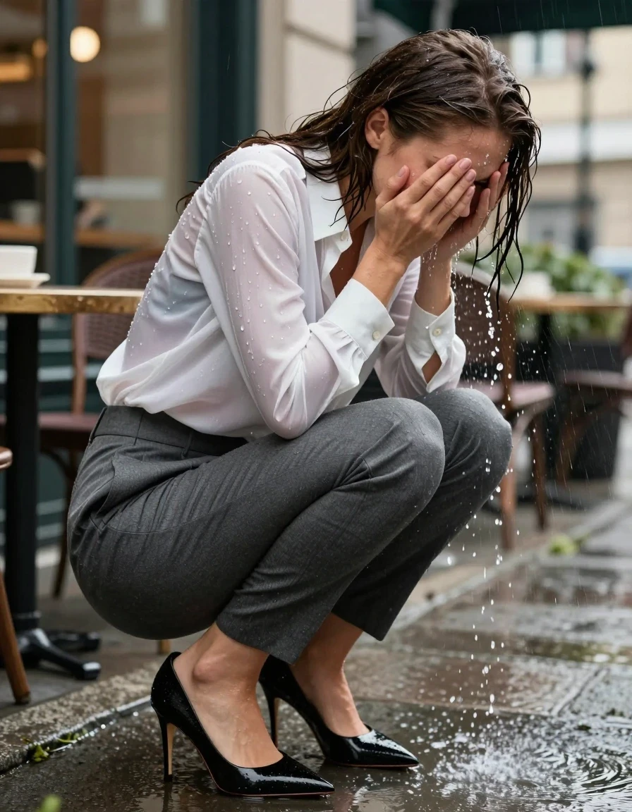 photo of young woman, in soaking wet, drenched clothes,
black pointed-toe stiletto pumps, leather texture saturated with water, slim-fit charcoal grey tailored dress trousers, soaked and clinging, crisp white silk button-down blouse, sheer and drenched, visible water droplets, outdoor cafe frontage, urban sidewalk, rainy atmosphere, 
enjoying, wet clothes stuck to body,
detailed textures of the wet clothes, wet face, wet plastered hair,
wet, drenched, professional, high-quality details, full body view.
sharp focus, ultra-high pixel detail, realistic, high-quality, full colors, incredibly detailed, 4k, 8k, 16k, hyper-realistic, RAW photo, masterpiece, ultra-detailed, professionally color graded, professional photograph, a woman in an office rush frantically wiping water from her face after being hit by a sudden burst from a rooftop drainpipe, photorealistic lifestyle photography, rich natural color, balanced bright exposure, moderate contrast, softly lifted shadows, high-fashion editorial style, cinematic medium shot with shallow depth of field., wet skin, wet clothes, damp fabric