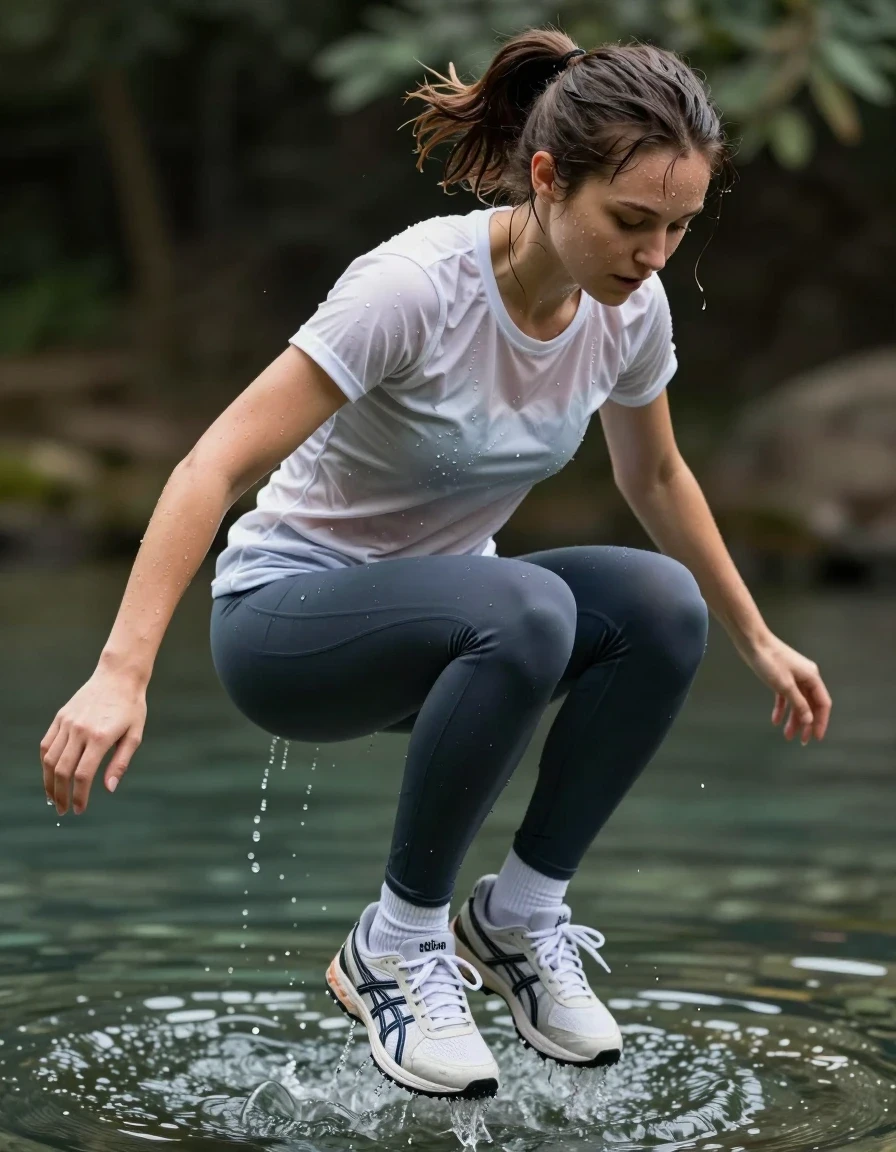 photo of young woman, in soaking wet, drenched clothes,
asics sneakers, white  socks, yoga pants, t shirt, jump in pond, 
enjoying, wet clothes stuck to body,
detailed textures of the wet clothes, wet face, wet plastered hair,
wet, drenched, professional, high-quality details, full body view.
sharp focus, ultra-high pixel detail, realistic, high-quality, full colors, incredibly detailed, 4k, 8k, 16k, hyper-realistic, RAW photo, masterpiece, ultra-detailed, professionally color graded, professional photograph, wet skin, wet clothes, damp fabric
