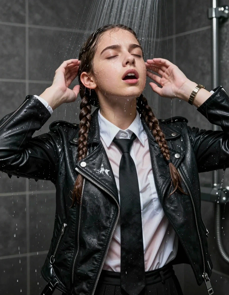 photo of young woman, in soaking wet, drenched clothes,
, , Biker leatherjacket, long sleeve smart white shirt and black tie, bracelet, wristwatch, Under the shower, strong jet of water, party room, 
enjoying, wet clothes stuck to body,
detailed textures of the wet clothes, wet face, wet plastered hair,
wet, drenched, professional, high-quality details, full body view.
sharp focus, ultra-high pixel detail, realistic, high-quality, full colors, incredibly detailed, 4k, 8k, 16k, hyper-realistic, RAW photo, masterpiece, ultra-detailed, professionally color graded, professional photograph, Two long braids 

 15 years old  school girl

Only head and shoulders are over the surface visible. Open mouth, closed eyes. Looking up. Hands up.

The girls wear different clothes.

she is completely underwater up to her neck, surprised and astonished expression. 

her clothing is soaking wet and clinging tightly to her skin, showing heavy wet folds, darkened fabric texture, and deep water-saturated Patches, her clothes are heavy from the water, water runs from her body and her clothes in streams. A lot of water also runs out of her clothes. Her clothes are darkened by the water. Her submerged clothes are good visible under the water.  she soaked her handbag into the water.

close up view, wet skin, wet clothes, wet hair, damp fabric, water runs down the clothes, wet skin, wet clothes, damp fabric. cinematic medium shot, hyper-realistic wetness, high-contrast water sheen, sharp focus, 16k resolution, professional photography, realistic water physics., wet skin, wet clothes, damp fabric, wet skin, wet clothes, damp fabric, wet skin, wet clothes, damp fabric, wet skin, wet clothes, damp fabric, wet skin, wet clothes, damp fabric, wet skin, wet clothes, damp fabric