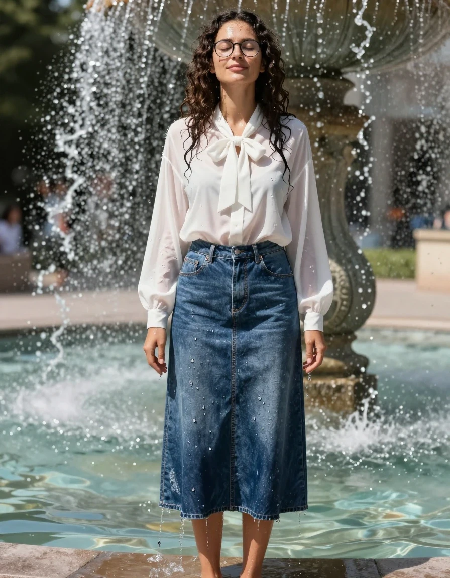 A photorealistic medium shot of a young adult European woman with long curly hair and glasses, standing knee-deep in a decorative fountain during a scorching hot summer day. She is wearing an oversized long-sleeved white blouse with a prominent bowtie, and a floor-length denim skirt. The skirt is rendered as soaking-wet blue denim, water-saturated heavyweight denim, blue changed to deep navy and indigo, substantially darker unevenly soaked patches, absorbed water, heavy wet folds, visible weave and stitching, and strong glossy specular reflections on the raised weave, seams, and creases. Her white blouse is translucent and clinging to her skin from the water, with wet hair strands framing her face. She is captured in a moment of pure relief, eyes closed, letting the fountain water soak her completely. The scene is bright and sun-drenched, with intense sunlight creating high-contrast reflections on the wet fabric and the cascading water of the fountain. Sharp focus, high-quality cinematic photography, 8k resolution, realistic skin texture, water droplets and sheen on skin.