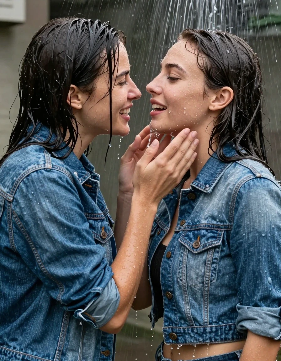 photo of young woman, in soaking wet, drenched clothes,
Denim, Short Open denim jacket, Shower  two women contact, 
enjoying, wet clothes stuck to body,
detailed textures of the wet clothes, wet face, wet plastered hair,
wet, drenched, professional, high-quality details, full body view.
sharp focus, ultra-high pixel detail, realistic, high-quality, full colors, incredibly detailed, 4k, 8k, 16k, hyper-realistic, RAW photo, masterpiece, ultra-detailed, professionally color graded, professional photograph, Tow women contact  fun, wet skin, wet clothes, damp fabric