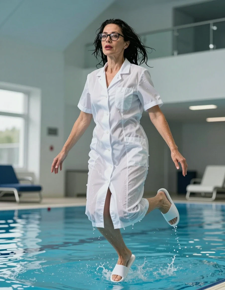 photo of young woman, in soaking wet, drenched clothes,
white slippers, maxi white labdress with short sleeves, maxi white labdress with short sleeves, jumping in indoor swimming pool, enjoying wet clothes stuck body, enjoying, wet clothes stuck to body, 
enjoying, wet clothes stuck to body,
detailed textures of the wet clothes, wet face, wet plastered hair,
wet, drenched, professional, high-quality details, full body view.
sharp focus, ultra-high pixel detail, realistic, high-quality, full colors, incredibly detailed, 4k, 8k, 16k, hyper-realistic, RAW photo, masterpiece, ultra-detailed, professionally color graded, professional photograph, europen brunette skinny woman 50 years old, long dark black hair, office glasses, very big and thick lips, complete body, wet skin, wet clothes, damp fabric, wet skin, wet clothes, damp fabric, wet skin, wet clothes, damp fabric, wet skin, wet clothes, damp fabric, wet skin, wet clothes, damp fabric, wet skin, wet clothes, damp fabric, wet skin, wet clothes, damp fabric