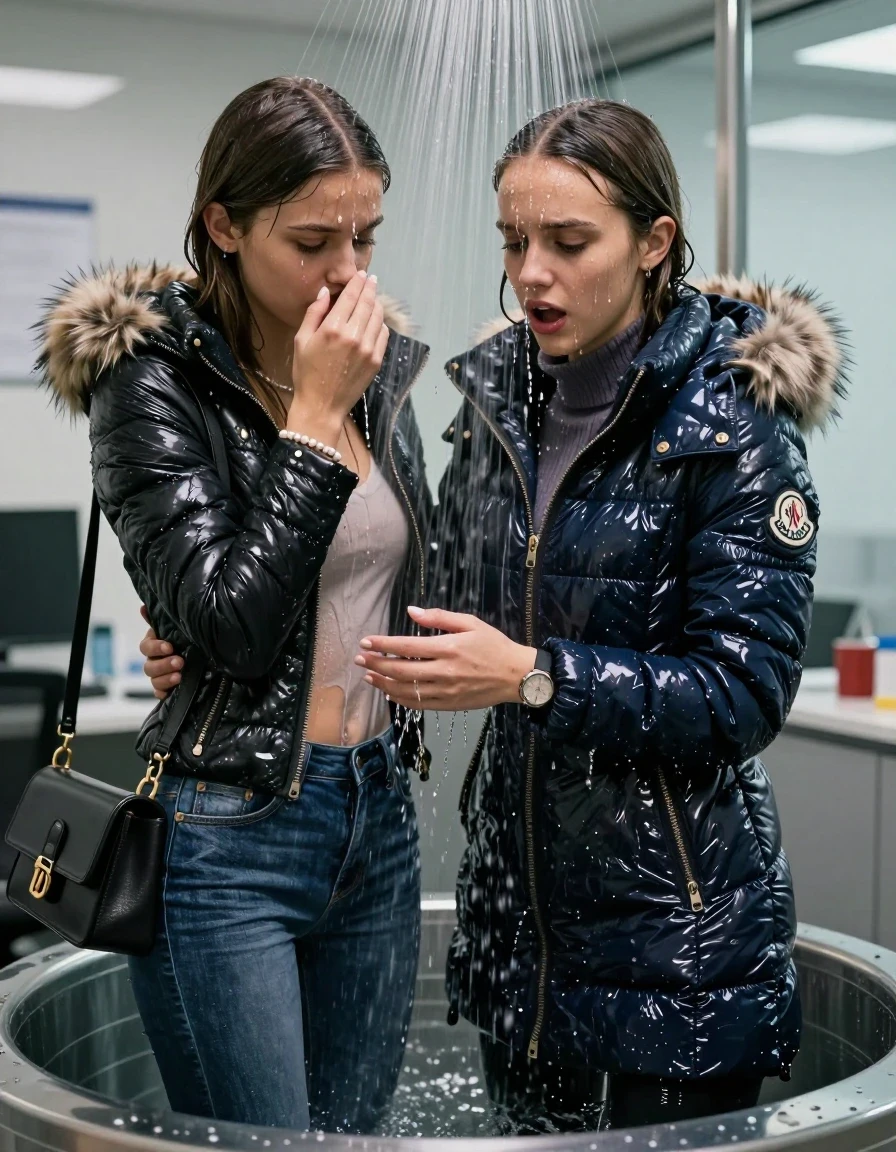 photo of young woman, in soaking wet, drenched clothes,
, Skinny jeans, Moncler Shiny puffer down coat with fur, Long sleeve turtleneck sweater belly free, shoulderbag, pearl necklace, bracelet, wristwatch, Under the shower emerging in a tube, strong jet of water, at office , 
enjoying, wet clothes stuck to body,
detailed textures of the wet clothes, wet face, wet plastered hair,
wet, drenched, professional, high-quality details, full body view.
sharp focus, ultra-high pixel detail, realistic, high-quality, full colors, incredibly detailed, 4k, 8k, 16k, hyper-realistic, RAW photo, masterpiece, ultra-detailed, professionally color graded, professional photograph, Long Sleek straight hair

Two 15-years-old  teenage girl and her female  friends

Only head and shoulders are over the surface visible. Looking down. Open mouth . Covers her nose with a hand. hugs her friend. Water running down her face and neck.

The girls wear different clothes and jackets.

she is completely underwater up to her neck, afraid and astonished expression. 

her clothing is soaking wet and clinging tightly to her skin, showing heavy wet folds, darkened fabric texture, and deep water-saturated Patches, her clothes are heavy from the water, water runs from her body and her clothes in streams. A lot of water also runs out of her clothes. Her clothes are darkened by the water. Her submerged clothes are good visible under the water.  she soaked her handbag into the water.

close up view, wet skin, wet clothes, wet hair, damp fabric, water runs down the clothes, wet skin, wet clothes, damp fabric. cinematic medium shot, hyper-realistic wetness, high-contrast water sheen, sharp focus, 16k resolution, professional photography, realistic water physics., wet skin, wet clothes, damp fabric, wet skin, wet clothes, damp fabric, wet skin, wet clothes, damp fabric, wet skin, wet clothes, damp fabric, wet skin, wet clothes, damp fabric, wet skin, wet clothes, damp fabric, wet skin, wet clothes, damp fabric, wet skin, wet clothes, damp fabric, wet skin, wet clothes, damp fabric, wet skin, wet clothes, damp fabric, wet skin, wet clothes, damp fabric