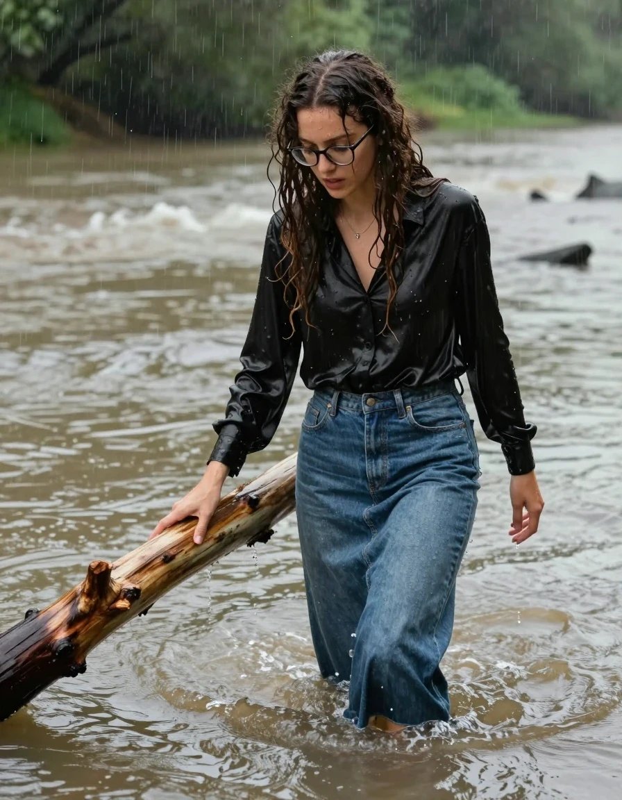 photo of young woman, in soaking wet, drenched clothes,
sandals, floor-length denim skirt, bowtie overized long sleeved black silk blouse, glasses, long curly hair, river, scorching hot, summer rainfall, 
enjoying, wet clothes stuck to body,
detailed textures of the wet clothes, wet face, wet plastered hair,
wet, drenched, professional, high-quality details, full body view.
sharp focus, ultra-high pixel detail, realistic, high-quality, full colors, incredibly detailed, 4k, 8k, 16k, hyper-realistic, RAW photo, masterpiece, ultra-detailed, professionally color graded, professional photograph, holding onto a log trying not to sink into the flooded river, wet skin, wet clothes, damp fabric, wet skin, wet clothes, damp fabric