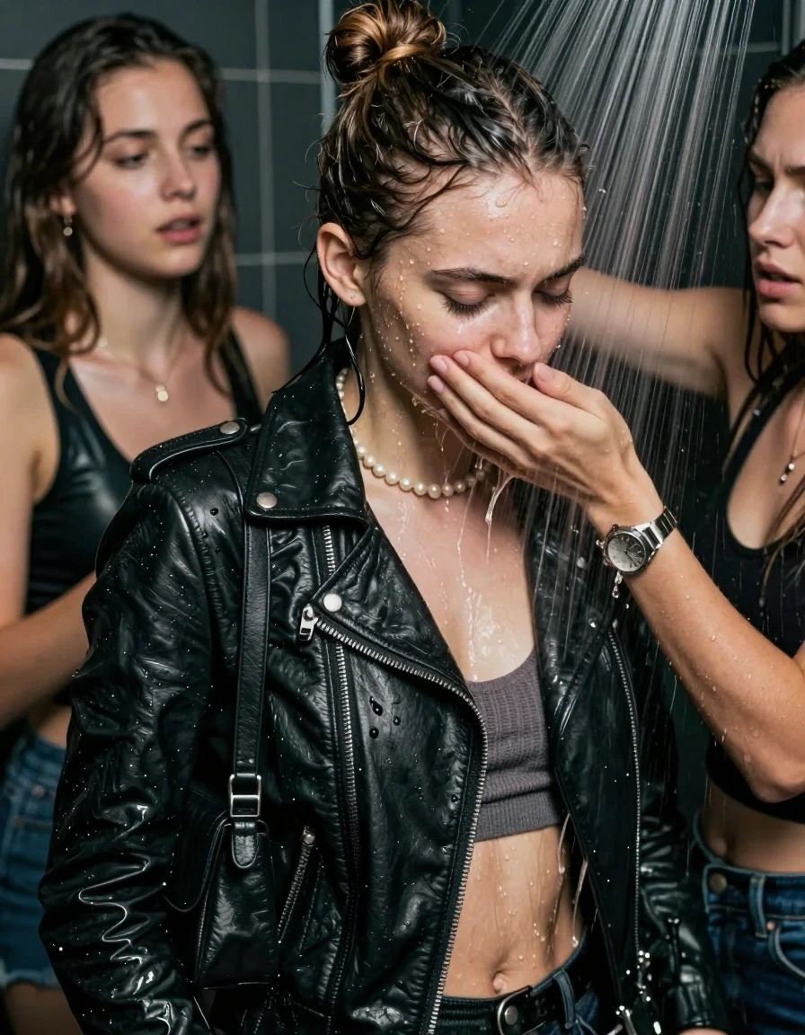 photo of young woman, in soaking wet, drenched clothes,
, , Biker leatherjacket, sweater belly free, shoulderbag, pearl necklace, bracelet, wristwatch, Orgasm Under the shower, strong jet of water, party room, 
enjoying, wet clothes stuck to body,
detailed textures of the wet clothes, wet face, wet plastered hair,
wet, drenched, professional, high-quality details, full body view.
sharp focus, ultra-high pixel detail, realistic, high-quality, full colors, incredibly detailed, 4k, 8k, 16k, hyper-realistic, RAW photo, masterpiece, ultra-detailed, professionally color graded, professional photograph, Topknot

 21 years old  school girl and her female  friends

Only head and shoulders are over the surface visible. Looking down to the side.  closed eyes . Her mouth is covered by her friends Hand. hugs her friend.

The girls wear different clothes.

she is completely underwater up to her neck, horny and Strenuous painful expression. 

her clothing is soaking wet and clinging tightly to her skin, showing heavy wet folds, darkened fabric texture, and deep water-saturated Patches, her clothes are heavy from the water, water runs from her body and her clothes in streams. A lot of water also runs out of her clothes. Her clothes are darkened by the water. Her submerged clothes are good visible under the water.  she soaked her handbag into the water.

close up view, wet skin, wet clothes, wet hair, damp fabric, water runs down the clothes, wet skin, wet clothes, damp fabric. cinematic medium shot, hyper-realistic wetness, high-contrast water sheen, sharp focus, 16k resolution, professional photography, realistic water physics., wet skin, wet clothes, damp fabric, wet skin, wet clothes, damp fabric, wet skin, wet clothes, damp fabric, wet skin, wet clothes, damp fabric, wet skin, wet clothes, damp fabric, wet skin, wet clothes, damp fabric, wet skin, wet clothes, damp fabric, wet skin, wet clothes, damp fabric, wet skin, wet clothes, damp fabric