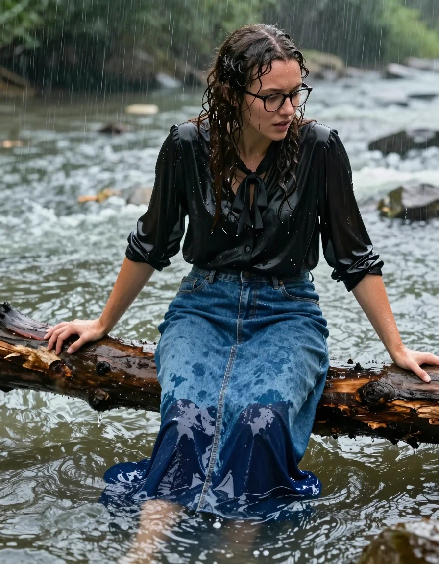 A photorealistic medium shot of a young adult European woman with long curly hair, wearing glasses, struggling to stay afloat in a flooded river during a scorching summer rainfall. She is wearing an oversized long-sleeved black silk blouse with a bowtie, and a floor-length denim skirt. The skirt is a soaking-wet blue denim, water-saturated heavyweight denim, blue changed to deep navy and indigo, substantially darker unevenly soaked patches, absorbed water, heavy wet folds, visible weave and stitching, and strong glossy specular reflections on the raised weave, seams, and creases. Her skin and hair are drenched, glistening with water, and her clothing clings to her body. She is desperately holding onto a floating log, trying not to sink into the turbulent river water. The environment is humid and bright with intense summer sunlight piercing through the heavy rainfall, creating dramatic lighting and water sheen. High-resolution, cinematic lighting, realistic skin texture, water droplets, natural movement, extreme detail on the wet fabric textures.