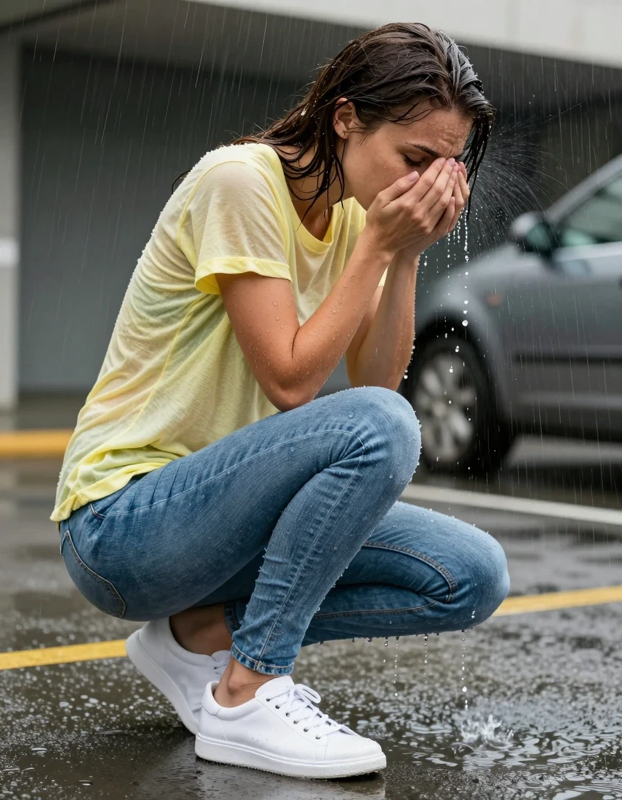 photo of young woman, in soaking wet, drenched clothes,
wet white leather sneakers with visible water droplets, soaked light blue denim skinny jeans clinging to skin, drenched pale yellow cotton t-shirt with darkening water patterns, concrete parking garage entrance during a rain shower, 
enjoying, wet clothes stuck to body,
detailed textures of the wet clothes, wet face, wet plastered hair,
wet, drenched, professional, high-quality details, full body view.
sharp focus, ultra-high pixel detail, realistic, high-quality, full colors, incredibly detailed, 4k, 8k, 16k, hyper-realistic, RAW photo, masterpiece, ultra-detailed, professionally color graded, professional photograph, a woman in her 30s wiping water from her face after being splashed by a passing car, medium wide shot, high-speed shutter, crystalline water droplets frozen in mid-air, photorealistic lifestyle photography, rich natural color, balanced bright exposure, soft lifted shadows, sharp focus on fabric texture., wet skin, wet clothes, damp fabric