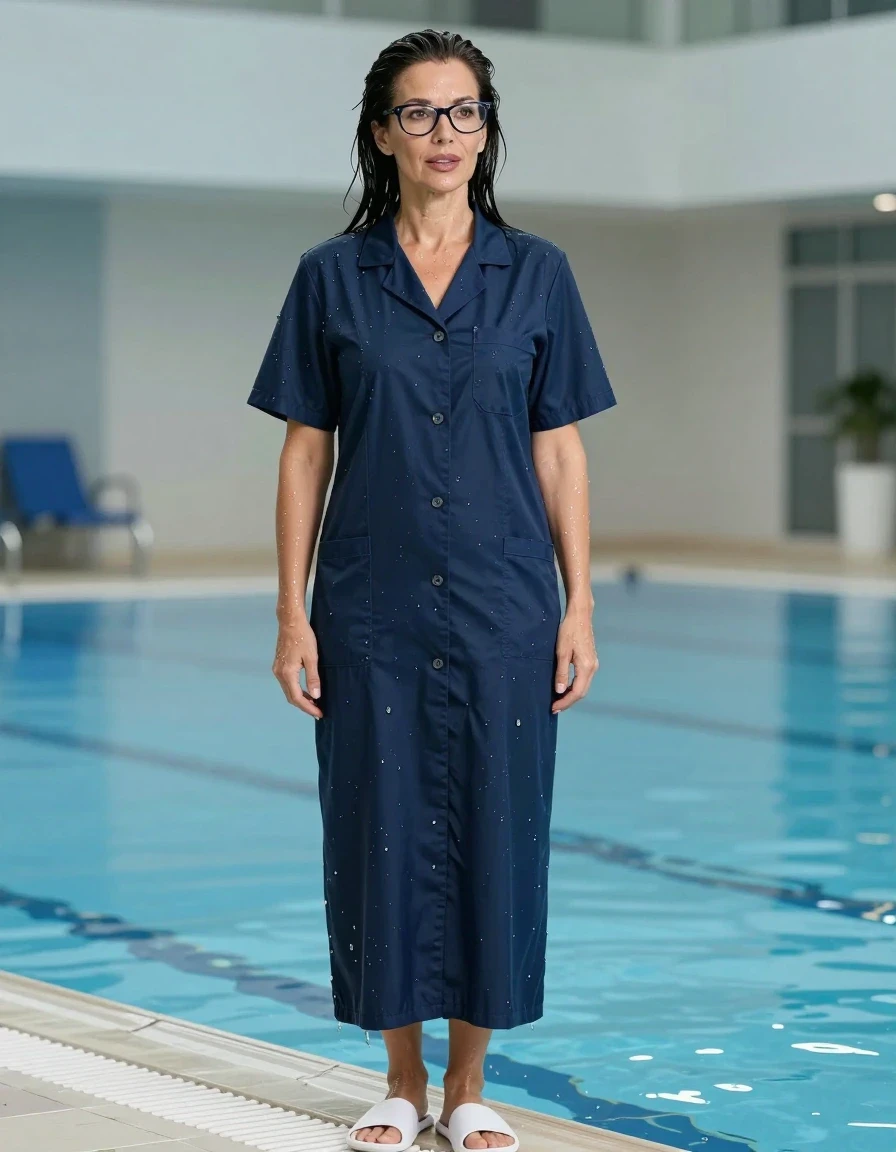 photo of young woman, in soaking wet, drenched clothes,
white slippers, maxi dark blue labdress with short sleeves, maxi dark blue labdress with short sleeves, after swim in indoor swimming pool, enjoying wet clothes stuck body, enjoying, wet clothes stuck to body, 
enjoying, wet clothes stuck to body,
detailed textures of the wet clothes, wet face, wet plastered hair,
wet, drenched, professional, high-quality details, full body view.
sharp focus, ultra-high pixel detail, realistic, high-quality, full colors, incredibly detailed, 4k, 8k, 16k, hyper-realistic, RAW photo, masterpiece, ultra-detailed, professionally color graded, professional photograph, europen brunette skinny woman 50 years old, long dark black hair, office glasses, very big and thick lips, complete body, wet skin, wet clothes, damp fabric, wet skin, wet clothes, damp fabric, wet skin, wet clothes, damp fabric, wet skin, wet clothes, damp fabric, wet skin, wet clothes, damp fabric, wet skin, wet clothes, damp fabric, wet skin, wet clothes, damp fabric
