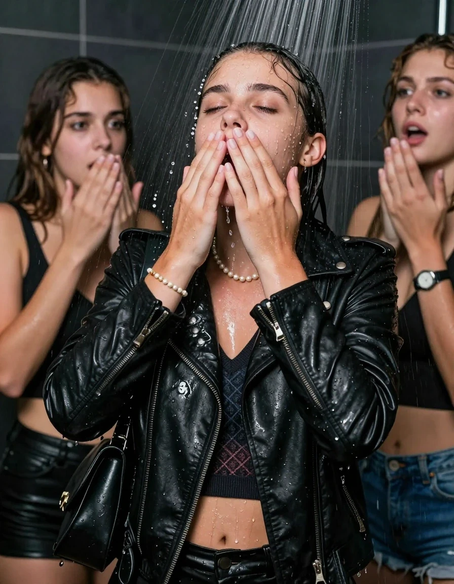 photo of young woman, in soaking wet, drenched clothes,
, , Black biker leatherjacket, v-neck sweater with diamond pattern belly free, shoulderbag , Pearl necklace, bracelet, wristwatch, Under the shower, strong jet of water, party room, 
enjoying, wet clothes stuck to body,
detailed textures of the wet clothes, wet face, wet plastered hair,
wet, drenched, professional, high-quality details, full body view.
sharp focus, ultra-high pixel detail, realistic, high-quality, full colors, incredibly detailed, 4k, 8k, 16k, hyper-realistic, RAW photo, masterpiece, ultra-detailed, professionally color graded, professional photograph, 18 year old teenage girl and her friend 

Only head and shoulders are over the surface visible. Open mouth, closed eyes. Looking up. Hands over mouth. Water running down her face and neck

The girls wear different clothes.

she is completely underwater up to her neck, afraid and astonished expression. 

her clothing is soaking wet and clinging tightly to her skin, showing heavy wet folds, darkened fabric texture, and deep water-saturated Patches, her clothes are heavy from the water, water runs from her body and her clothes in streams. A lot of water also runs out of her clothes. Her clothes are darkened by the water. Her submerged clothes are good visible under the water.  she soaked her handbag into the water.

close up view, wet skin, wet clothes, wet hair, damp fabric, water runs down the clothes, wet skin, wet clothes, damp fabric. cinematic medium shot, hyper-realistic wetness, high-contrast water sheen, sharp focus, 16k resolution, professional photography, realistic water physics., wet skin, wet clothes, damp fabric, wet skin, wet clothes, damp fabric, wet skin, wet clothes, damp fabric, wet skin, wet clothes, damp fabric, wet skin, wet clothes, damp fabric, wet skin, wet clothes, damp fabric, wet skin, wet clothes, damp fabric