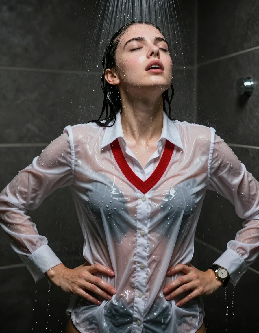 photo of young woman, in soaking wet, drenched clothes,
, , Red v-neck sweater, long sleeve smart white school satin shirt bracelet, wristwatch, Under the shower, strong jet of water, party room, 
enjoying, wet clothes stuck to body,
detailed textures of the wet clothes, wet face, wet plastered hair,
wet, drenched, professional, high-quality details, full body view.
sharp focus, ultra-high pixel detail, realistic, high-quality, full colors, incredibly detailed, 4k, 8k, 16k, hyper-realistic, RAW photo, masterpiece, ultra-detailed, professionally color graded, professional photograph, An 18 year old lady

Only head and shoulders are over the surface visible. Open mouth, closed eyes. Looking up. Hands on hips. Water running down her face and neck

The girls wear same clothes.

she is completely underwater up to her neck, surprised and astonished expression. 

her clothing is soaking wet and clinging tightly to her skin, showing heavy wet folds, darkened fabric texture, and deep water-saturated Patches, her clothes are heavy from the water, water runs from her body and her clothes in streams. A lot of water also runs out of her clothes. Her clothes are darkened by the water. Her submerged clothes are good visible under the water.  she soaked her handbag into the water.

close up view, wet skin, wet clothes, wet hair, damp fabric, water runs down the clothes, wet skin, wet clothes, damp fabric. cinematic medium shot, hyper-realistic wetness, high-contrast water sheen, sharp focus, 16k resolution, professional photography, realistic water physics., wet skin, wet clothes, damp fabric, wet skin, wet clothes, damp fabric, wet skin, wet clothes, damp fabric, wet skin, wet clothes, damp fabric, wet skin, wet clothes, damp fabric, wet skin, wet clothes, damp fabric