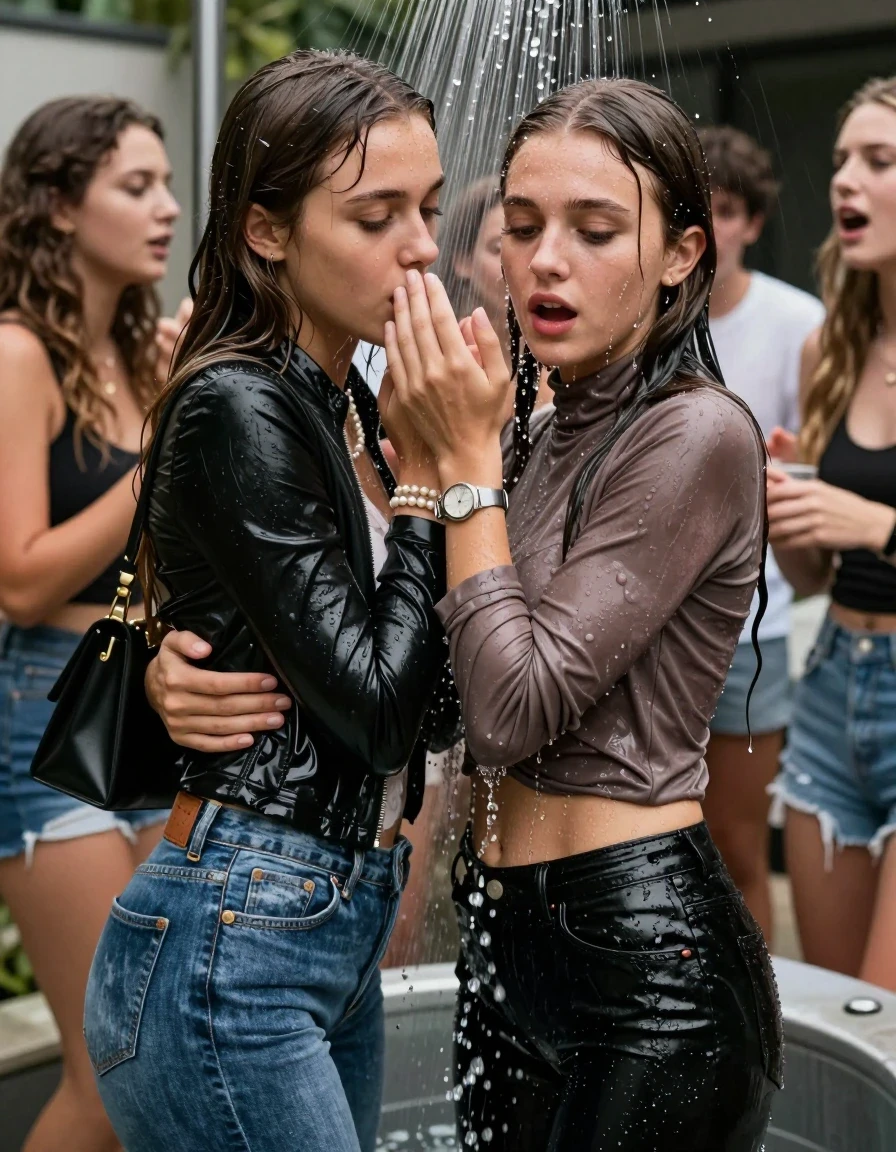 photo of young woman, in soaking wet, drenched clothes,
, Skinny jeans, Leatherjacket, Long sleeve turtleneck sweater belly free, shoulderbag, pearl necklace, bracelet, wristwatch, Under the shower emerging in a tube, strong jet with tons of water, crowded party  at modern villa, 
enjoying, wet clothes stuck to body,
detailed textures of the wet clothes, wet face, wet plastered hair,
wet, drenched, professional, high-quality details, full body view.
sharp focus, ultra-high pixel detail, realistic, high-quality, full colors, incredibly detailed, 4k, 8k, 16k, hyper-realistic, RAW photo, masterpiece, ultra-detailed, professionally color graded, professional photograph, Long Sleek straight hair

Two 15-years-old  teenage girl and her female  friends

Only head and shoulders are over the surface visible. Looking down. Open mouth. Covers the mouth of her friend with a hand.   hugs her friend. Water running down her face and neck.

The girls wear different clothes and jackets.

she is completely underwater up to her neck, afraid and astonished expression. 

her clothing is soaking wet and clinging tightly to her skin, showing heavy wet folds, darkened fabric texture, and deep water-saturated Patches, her clothes are heavy from the water, water runs from her body and her clothes in streams. A lot of water also runs out of her clothes. Her clothes are darkened by the water. Her submerged clothes are good visible under the water.  she soaked her handbag into the water.

close up view, wet skin, wet clothes, wet hair, damp fabric, water runs down the clothes, wet skin, wet clothes, damp fabric. cinematic medium shot, hyper-realistic wetness, high-contrast water sheen, sharp focus, 16k resolution, professional photography, realistic water physics., wet skin, wet clothes, damp fabric, wet skin, wet clothes, damp fabric, wet skin, wet clothes, damp fabric, wet skin, wet clothes, damp fabric, wet skin, wet clothes, damp fabric, wet skin, wet clothes, damp fabric, wet skin, wet clothes, damp fabric, wet skin, wet clothes, damp fabric, wet skin, wet clothes, damp fabric