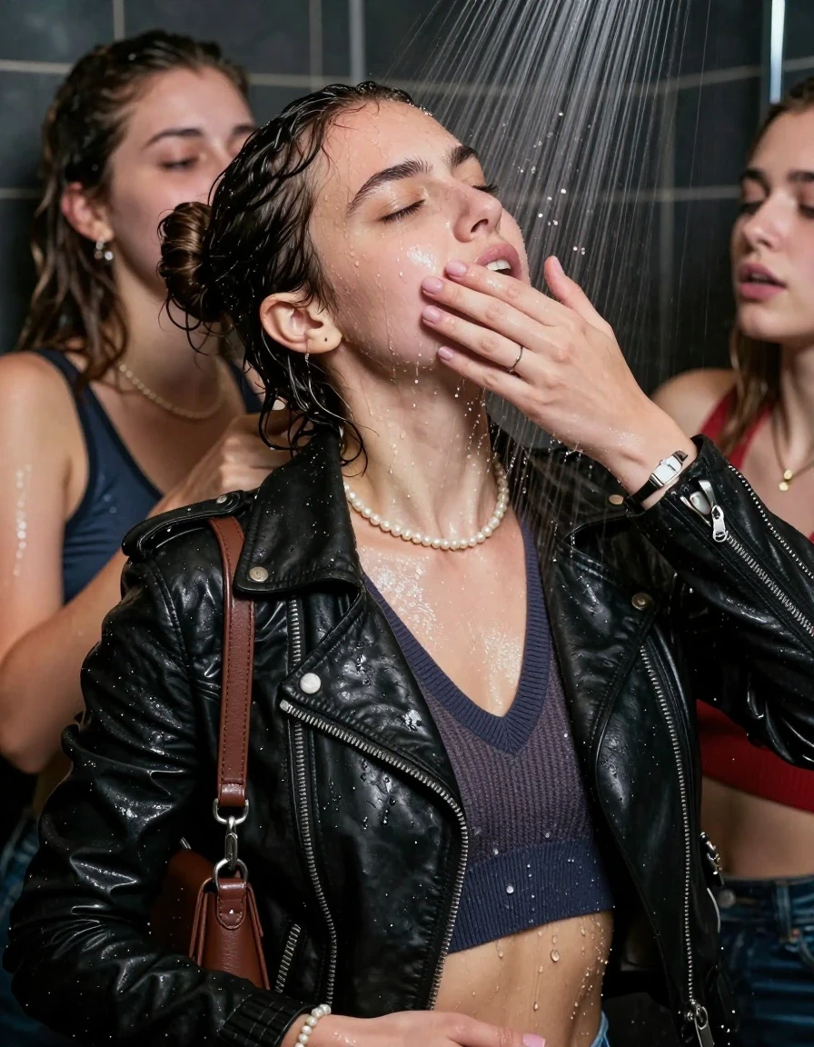 photo of young woman, in soaking wet, drenched clothes,
, , Biker leatherjacket, v- neck sweater belly free, shoulderbag, pearl necklace, bracelet, wristwatch, Strong Orgasm Under the shower, strong jet of water, party room, 
enjoying, wet clothes stuck to body,
detailed textures of the wet clothes, wet face, wet plastered hair,
wet, drenched, professional, high-quality details, full body view.
sharp focus, ultra-high pixel detail, realistic, high-quality, full colors, incredibly detailed, 4k, 8k, 16k, hyper-realistic, RAW photo, masterpiece, ultra-detailed, professionally color graded, professional photograph, Topknot

 21 years old  school girl and her female  friends

Only head and shoulders are over the surface visible. Looking up to the side.  closed eyes . Her mouth is covered by her friends Hand. hugs her friend. Water running down her face and neck.

The girls wear different clothes.

she is completely underwater up to her neck, horny and painful expression. 

her clothing is soaking wet and clinging tightly to her skin, showing heavy wet folds, darkened fabric texture, and deep water-saturated Patches, her clothes are heavy from the water, water runs from her body and her clothes in streams. A lot of water also runs out of her clothes. Her clothes are darkened by the water. Her submerged clothes are good visible under the water.  she soaked her handbag into the water.

close up view, wet skin, wet clothes, wet hair, damp fabric, water runs down the clothes, wet skin, wet clothes, damp fabric. cinematic medium shot, hyper-realistic wetness, high-contrast water sheen, sharp focus, 16k resolution, professional photography, realistic water physics., wet skin, wet clothes, damp fabric, wet skin, wet clothes, damp fabric, wet skin, wet clothes, damp fabric, wet skin, wet clothes, damp fabric, wet skin, wet clothes, damp fabric, wet skin, wet clothes, damp fabric, wet skin, wet clothes, damp fabric, wet skin, wet clothes, damp fabric, wet skin, wet clothes, damp fabric