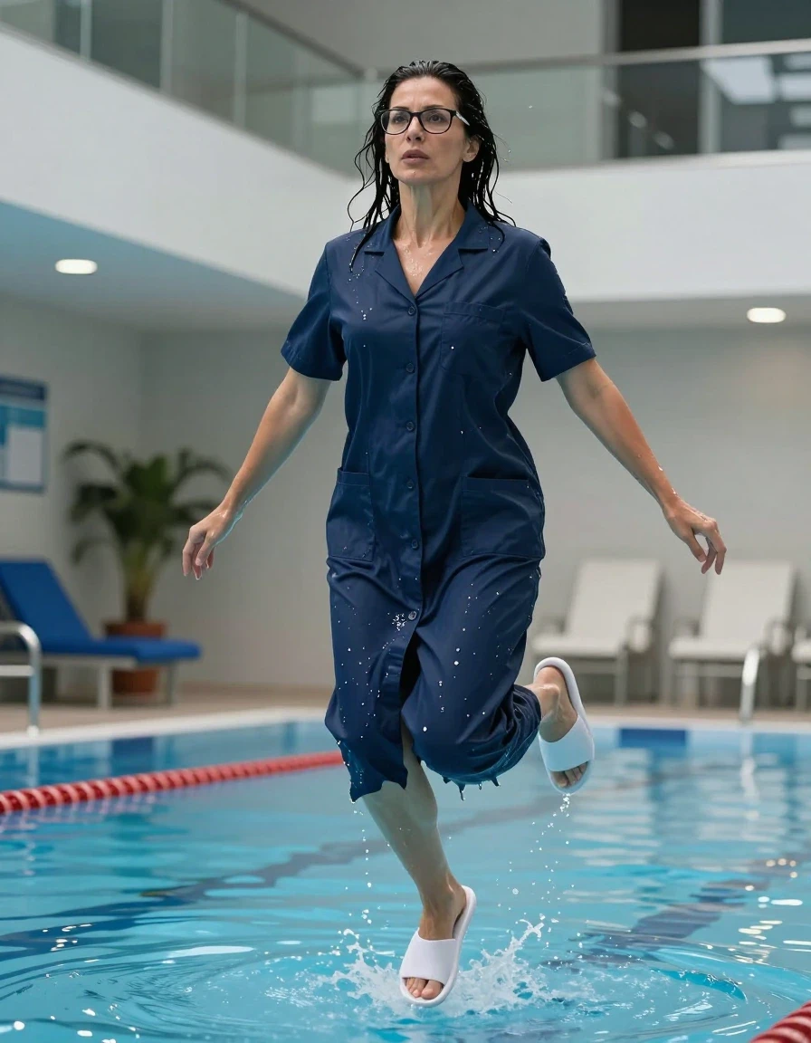 photo of young woman, in soaking wet, drenched clothes,
white slippers, maxi dark blue labdress with short sleeves, maxi dark blue labdress with short sleeves, jumping in indoor swimming pool, enjoying wet clothes stuck body, enjoying, wet clothes stuck to body, 
enjoying, wet clothes stuck to body,
detailed textures of the wet clothes, wet face, wet plastered hair,
wet, drenched, professional, high-quality details, full body view.
sharp focus, ultra-high pixel detail, realistic, high-quality, full colors, incredibly detailed, 4k, 8k, 16k, hyper-realistic, RAW photo, masterpiece, ultra-detailed, professionally color graded, professional photograph, europen brunette skinny woman 50 years old, long dark black hair, office glasses, very big and thick lips, complete body, wet skin, wet clothes, damp fabric, wet skin, wet clothes, damp fabric, wet skin, wet clothes, damp fabric, wet skin, wet clothes, damp fabric, wet skin, wet clothes, damp fabric, wet skin, wet clothes, damp fabric, wet skin, wet clothes, damp fabric