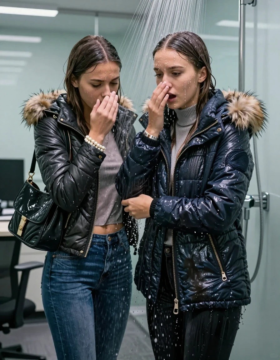 photo of young woman, in soaking wet, drenched clothes,
, Skinny jeans, Shiny puffer down Parka with fur, Long sleeve turtleneck sweater belly free, shoulderbag, pearl necklace, bracelet, wristwatch, Under the shower emerging in a large tube, strong jet of water, at office , 
enjoying, wet clothes stuck to body,
detailed textures of the wet clothes, wet face, wet plastered hair,
wet, drenched, professional, high-quality details, full body view.
sharp focus, ultra-high pixel detail, realistic, high-quality, full colors, incredibly detailed, 4k, 8k, 16k, hyper-realistic, RAW photo, masterpiece, ultra-detailed, professionally color graded, professional photograph, Long Sleek straight hair

Two 15-years-old  teenage girl and her female  friends

Only head and shoulders are over the surface visible. Looking down. Open mouth . Covers her nose with a hand. hugs her friend. Water running down her face and neck.

The girls wear different clothes and jackets.

she is completely underwater up to her neck, afraid and astonished expression. 

her clothing is soaking wet and clinging tightly to her skin, showing heavy wet folds, darkened fabric texture, and deep water-saturated Patches, her clothes are heavy from the water, water runs from her body and her clothes in streams. A lot of water also runs out of her clothes. Her clothes are darkened by the water. Her submerged clothes are good visible under the water.  she soaked her handbag into the water.

close up view, wet skin, wet clothes, wet hair, damp fabric, water runs down the clothes, wet skin, wet clothes, damp fabric. cinematic medium shot, hyper-realistic wetness, high-contrast water sheen, sharp focus, 16k resolution, professional photography, realistic water physics., wet skin, wet clothes, damp fabric, wet skin, wet clothes, damp fabric, wet skin, wet clothes, damp fabric, wet skin, wet clothes, damp fabric, wet skin, wet clothes, damp fabric, wet skin, wet clothes, damp fabric, wet skin, wet clothes, damp fabric, wet skin, wet clothes, damp fabric, wet skin, wet clothes, damp fabric, wet skin, wet clothes, damp fabric