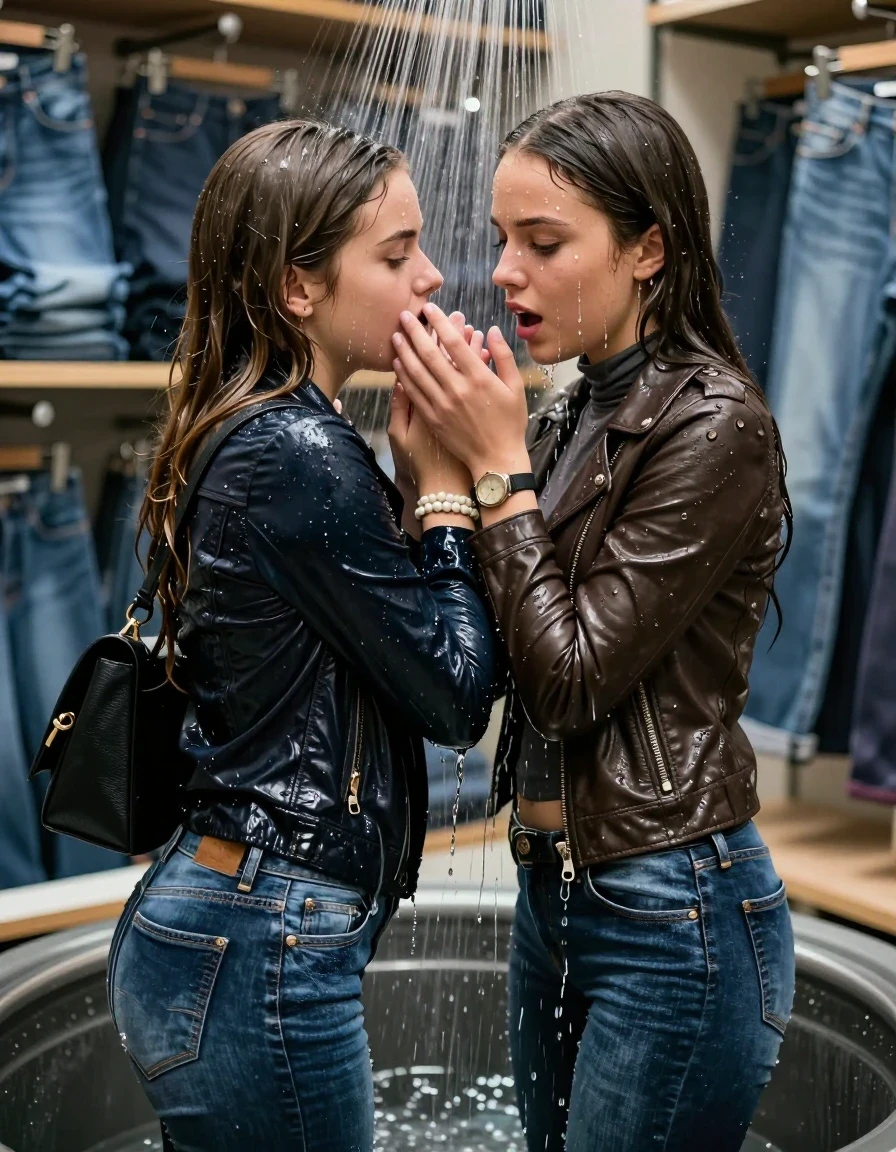 photo of young woman, in soaking wet, drenched clothes,
, Skinny jeans, Leatherjackets, Long sleeve turtleneck sweater belly free, shoulderbag, pearl necklace, bracelet, wristwatch, Under the shower emerging in a tube, strong jet with tons of water, at jeans shop , 
enjoying, wet clothes stuck to body,
detailed textures of the wet clothes, wet face, wet plastered hair,
wet, drenched, professional, high-quality details, full body view.
sharp focus, ultra-high pixel detail, realistic, high-quality, full colors, incredibly detailed, 4k, 8k, 16k, hyper-realistic, RAW photo, masterpiece, ultra-detailed, professionally color graded, professional photograph, Long Sleek straight hair

Two 15-years-old  teenage girl and her female  friends

Only head and shoulders are over the surface visible. Looking down. Open mouth. Covers the mouth of her friend with a hand.   hugs her friend. Water running down her face and neck.

The girls wear different clothes and jackets.

she is completely underwater up to her neck, afraid and astonished expression. 

her clothing is soaking wet and clinging tightly to her skin, showing heavy wet folds, darkened fabric texture, and deep water-saturated Patches, her clothes are heavy from the water, water runs from her body and her clothes in streams. A lot of water also runs out of her clothes. Her clothes are darkened by the water. Her submerged clothes are good visible under the water.  she soaked her handbag into the water.

close up view, wet skin, wet clothes, wet hair, damp fabric, water runs down the clothes, wet skin, wet clothes, damp fabric. cinematic medium shot, hyper-realistic wetness, high-contrast water sheen, sharp focus, 16k resolution, professional photography, realistic water physics., wet skin, wet clothes, damp fabric, wet skin, wet clothes, damp fabric, wet skin, wet clothes, damp fabric, wet skin, wet clothes, damp fabric, wet skin, wet clothes, damp fabric, wet skin, wet clothes, damp fabric, wet skin, wet clothes, damp fabric, wet skin, wet clothes, damp fabric, wet skin, wet clothes, damp fabric, wet skin, wet clothes, damp fabric