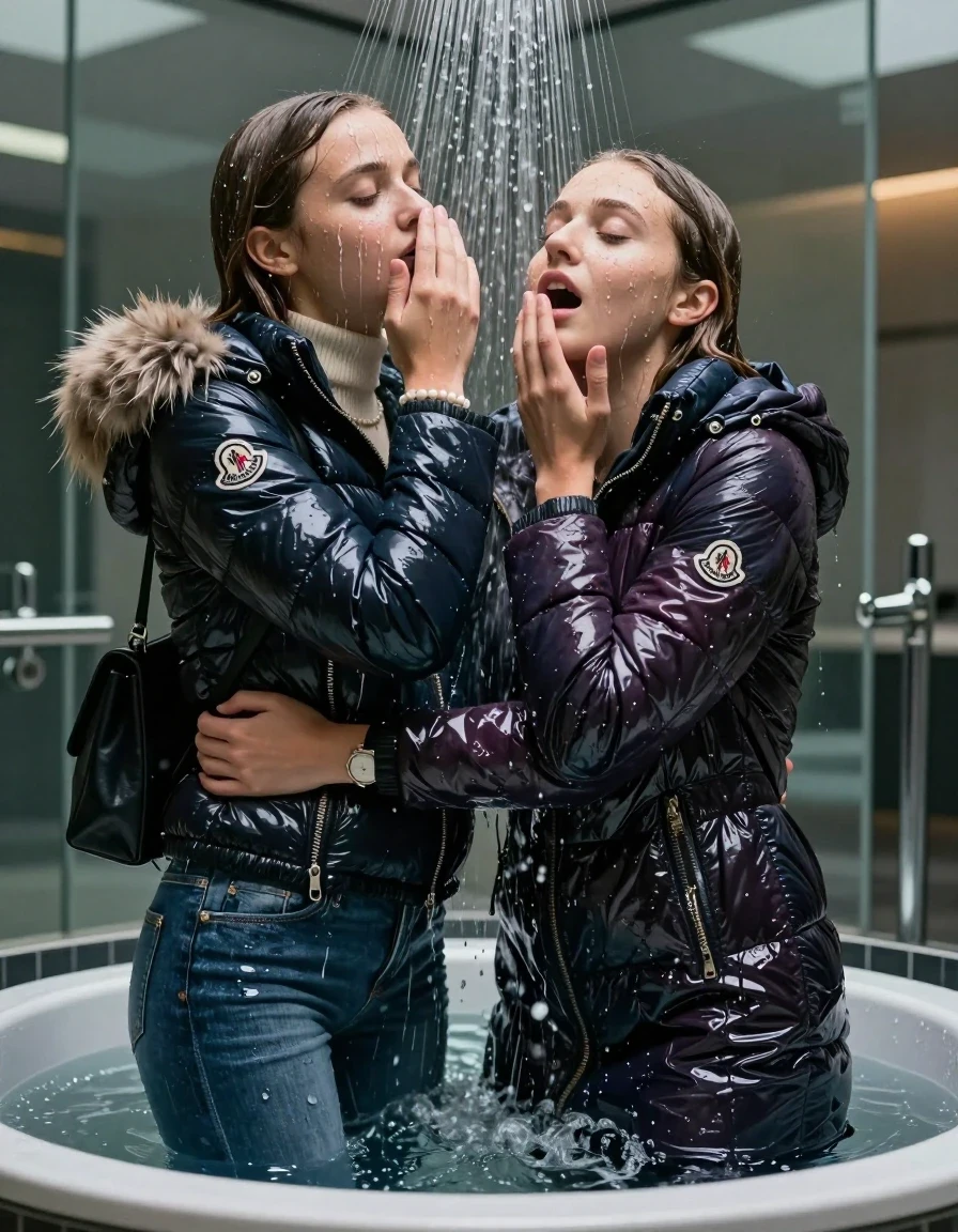 photo of young woman, in soaking wet, drenched clothes,
, Skinny jeans, Moncler Shiny puffer down coat with fur, Long sleeve turtleneck sweater belly free, shoulderbag, pearl necklace, bracelet, wristwatch, Under the shower emerging in a tube, strong jet of water, at modern mirrored spa, 
enjoying, wet clothes stuck to body,
detailed textures of the wet clothes, wet face, wet plastered hair,
wet, drenched, professional, high-quality details, full body view.
sharp focus, ultra-high pixel detail, realistic, high-quality, full colors, incredibly detailed, 4k, 8k, 16k, hyper-realistic, RAW photo, masterpiece, ultra-detailed, professionally color graded, professional photograph, Long Sleek straight hair

Two 15-years-old  teenage girl and her female  friends

Only head and shoulders are over the surface visible. Looking up. Open mouth, closed eyes. Covers her nose with a hand. hugs her friend. Water running down her face and neck.

The girls wear different clothes and jackets.

she is completely underwater up to her neck, afraid and astonished expression. 

her clothing is soaking wet and clinging tightly to her skin, showing heavy wet folds, darkened fabric texture, and deep water-saturated Patches, her clothes are heavy from the water, water runs from her body and her clothes in streams. A lot of water also runs out of her clothes. Her clothes are darkened by the water. Her submerged clothes are good visible under the water.  she soaked her handbag into the water.

close up view, wet skin, wet clothes, wet hair, damp fabric, water runs down the clothes, wet skin, wet clothes, damp fabric. cinematic medium shot, hyper-realistic wetness, high-contrast water sheen, sharp focus, 16k resolution, professional photography, realistic water physics., wet skin, wet clothes, damp fabric, wet skin, wet clothes, damp fabric, wet skin, wet clothes, damp fabric, wet skin, wet clothes, damp fabric, wet skin, wet clothes, damp fabric, wet skin, wet clothes, damp fabric, wet skin, wet clothes, damp fabric, wet skin, wet clothes, damp fabric, wet skin, wet clothes, damp fabric, wet skin, wet clothes, damp fabric, wet skin, wet clothes, damp fabric