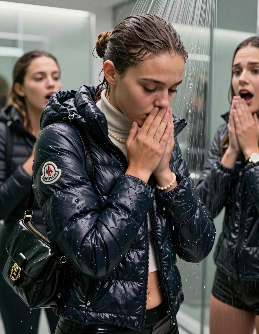 photo of young woman, in soaking wet, drenched clothes,
, , Moncler shiny puffer down jacket, tight turtleneck sweater belly free, shoulderbag, pearl necklace, bracelet, wristwatch, Under the shower, strong jet of water, modern mirrored bathroom, 
enjoying, wet clothes stuck to body,
detailed textures of the wet clothes, wet face, wet plastered hair,
wet, drenched, professional, high-quality details, full body view.
sharp focus, ultra-high pixel detail, realistic, high-quality, full colors, incredibly detailed, 4k, 8k, 16k, hyper-realistic, RAW photo, masterpiece, ultra-detailed, professionally color graded, professional photograph, Brunette Sleek bun

 15-years-old  teenage girl and her female  friends

Only head and shoulders are over the surface visible. Looking down. Open mouth, half closed eyes . Hold her hands on her mouth and nose . hugs her friend. Water running down her face and neck.

The girls wear different clothes and down jackets.

she is completely underwater up to her neck, horny and astonished expression. 

her clothing is soaking wet and clinging tightly to her skin, showing heavy wet folds, darkened fabric texture, and deep water-saturated Patches, her clothes are heavy from the water, water runs from her body and her clothes in streams. A lot of water also runs out of her clothes. Her clothes are darkened by the water. Her submerged clothes are good visible under the water.  she soaked her handbag into the water.

close up view, wet skin, wet clothes, wet hair, damp fabric, water runs down the clothes, wet skin, wet clothes, damp fabric. cinematic medium shot, hyper-realistic wetness, high-contrast water sheen, sharp focus, 16k resolution, professional photography, realistic water physics., wet skin, wet clothes, damp fabric, wet skin, wet clothes, damp fabric, wet skin, wet clothes, damp fabric, wet skin, wet clothes, damp fabric, wet skin, wet clothes, damp fabric, wet skin, wet clothes, damp fabric, wet skin, wet clothes, damp fabric, wet skin, wet clothes, damp fabric, wet skin, wet clothes, damp fabric