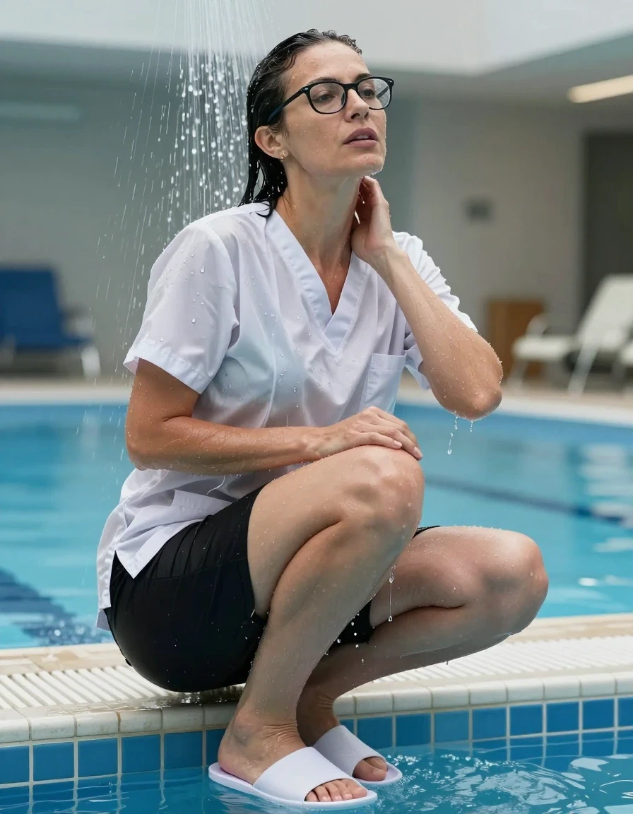 photo of young woman, in soaking wet, drenched clothes,
white slippers, black scrubs skirt, white scrubs top, taking shower after bath in indoor swimming pool, enjoying wet clothes stuck body, enjoying, wet clothes stuck to body, 
enjoying, wet clothes stuck to body,
detailed textures of the wet clothes, wet face, wet plastered hair,
wet, drenched, professional, high-quality details, full body view.
sharp focus, ultra-high pixel detail, realistic, high-quality, full colors, incredibly detailed, 4k, 8k, 16k, hyper-realistic, RAW photo, masterpiece, ultra-detailed, professionally color graded, professional photograph, europen brunette skinny woman 50 years old, long dark black hair, office glasse, very big and thick lips, complete body, wet skin, wet clothes, damp fabric, wet skin, wet clothes, damp fabric, wet skin, wet clothes, damp fabric, wet skin, wet clothes, damp fabric, wet skin, wet clothes, damp fabric, wet skin, wet clothes, damp fabric, wet skin, wet clothes, damp fabric