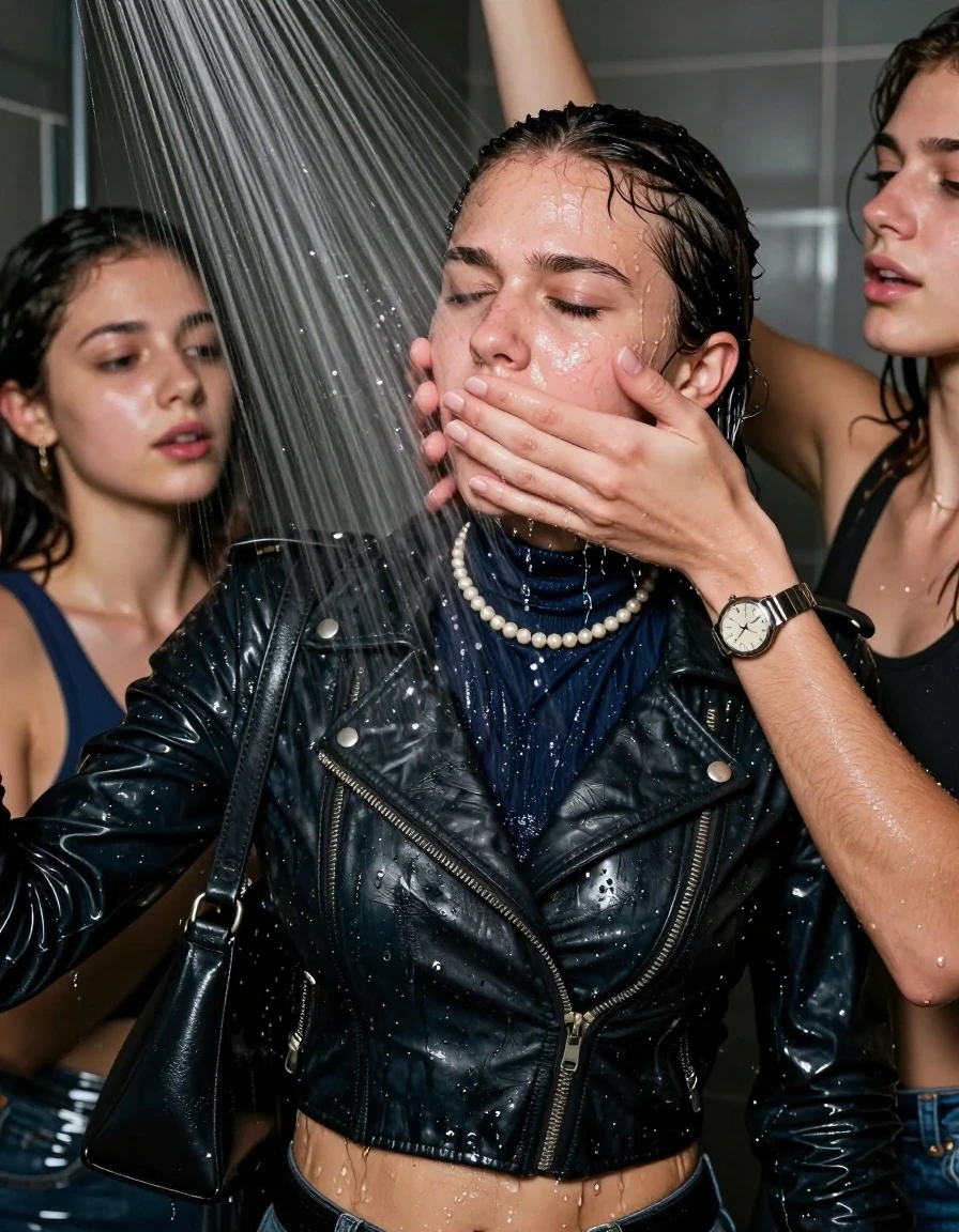 photo of young woman, in soaking wet, drenched clothes,
, , Biker leatherjacket, tight turtleneck sweater belly free, shoulderbag, pearl necklace, bracelet, wristwatch, Intense Orgasm Under the shower, strong jet of water, party room, 
enjoying, wet clothes stuck to body,
detailed textures of the wet clothes, wet face, wet plastered hair,
wet, drenched, professional, high-quality details, full body view.
sharp focus, ultra-high pixel detail, realistic, high-quality, full colors, incredibly detailed, 4k, 8k, 16k, hyper-realistic, RAW photo, masterpiece, ultra-detailed, professionally color graded, professional photograph, Sleek long  ponytail with bangs

 21 years old  school girl and her female  friends

Only head and shoulders are over the surface visible. Looking slightly away. Open mouth, closed eyes . Her mouth is covered by her friends Hand. hugs her friend. Water running down her face and neck.

The girls wear different clothes.

she is completely underwater up to her neck, horny and painful expression. 

her clothing is soaking wet and clinging tightly to her skin, showing heavy wet folds, darkened fabric texture, and deep water-saturated Patches, her clothes are heavy from the water, water runs from her body and her clothes in streams. A lot of water also runs out of her clothes. Her clothes are darkened by the water. Her submerged clothes are good visible under the water.  she soaked her handbag into the water.

close up view, wet skin, wet clothes, wet hair, damp fabric, water runs down the clothes, wet skin, wet clothes, damp fabric. cinematic medium shot, hyper-realistic wetness, high-contrast water sheen, sharp focus, 16k resolution, professional photography, realistic water physics., wet skin, wet clothes, damp fabric, wet skin, wet clothes, damp fabric, wet skin, wet clothes, damp fabric, wet skin, wet clothes, damp fabric, wet skin, wet clothes, damp fabric, wet skin, wet clothes, damp fabric, wet skin, wet clothes, damp fabric, wet skin, wet clothes, damp fabric, wet skin, wet clothes, damp fabric