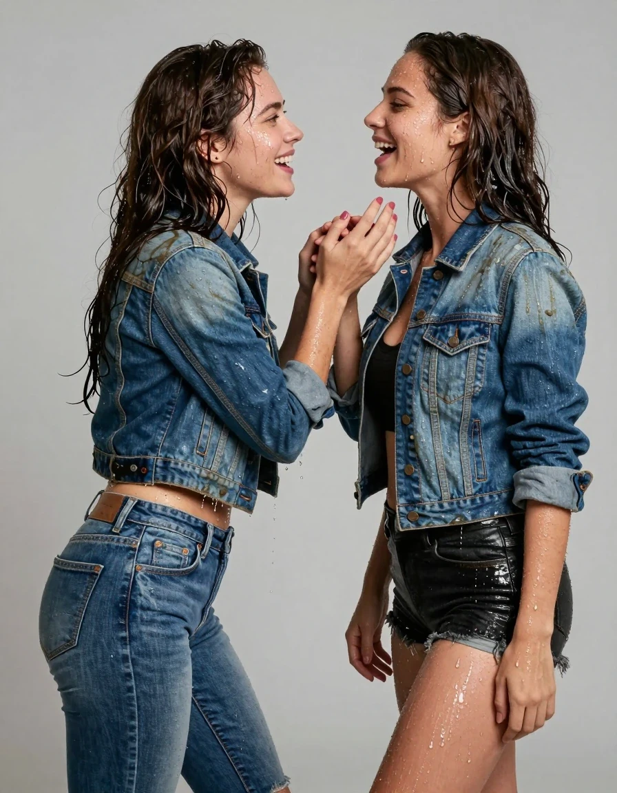 photo of young woman, in soaking wet, drenched clothes,
Skinny jeans, Short Open denim jacket, Muddy Shower  two women contact, 
enjoying, wet clothes stuck to body,
detailed textures of the wet clothes, wet face, wet plastered hair,
wet, drenched, professional, high-quality details, full body view.
sharp focus, ultra-high pixel detail, realistic, high-quality, full colors, incredibly detailed, 4k, 8k, 16k, hyper-realistic, RAW photo, masterpiece, ultra-detailed, professionally color graded, professional photograph, Tow women contact  fun, wet skin, wet clothes, damp fabric